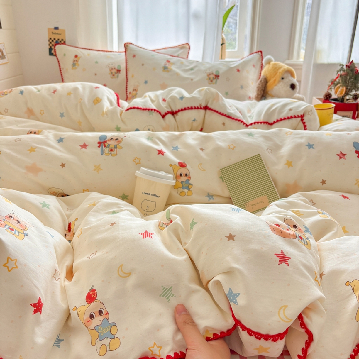 91家纺网 家纺一手货源 找家纺 慕尚家纺 2026春夏新款全棉纯棉印花三角针四件套 可爱星人