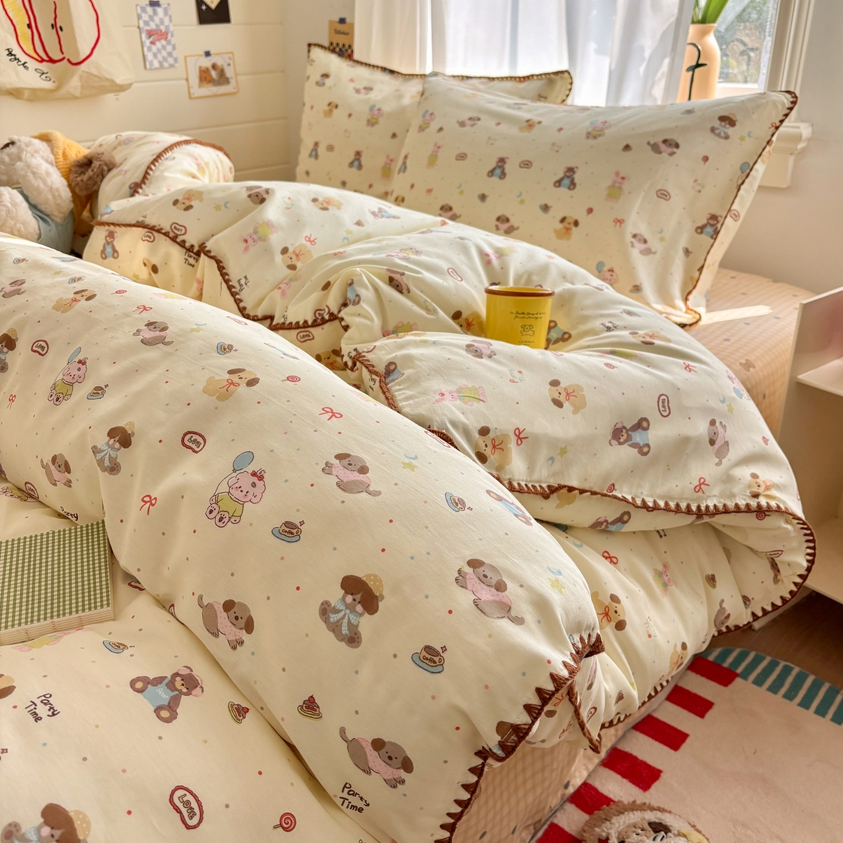 慕尚家纺 2026春夏新款全棉纯棉印花三角针四件套 气球小狗