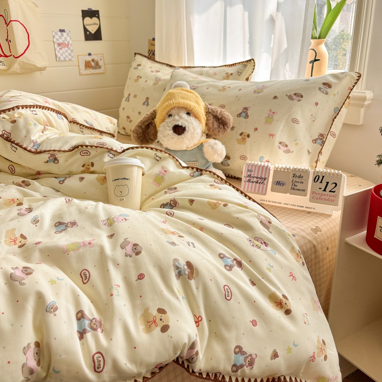 91家纺网 家纺一手货源 找家纺 慕尚家纺 2026春夏新款全棉纯棉印花三角针四件套 气球小狗