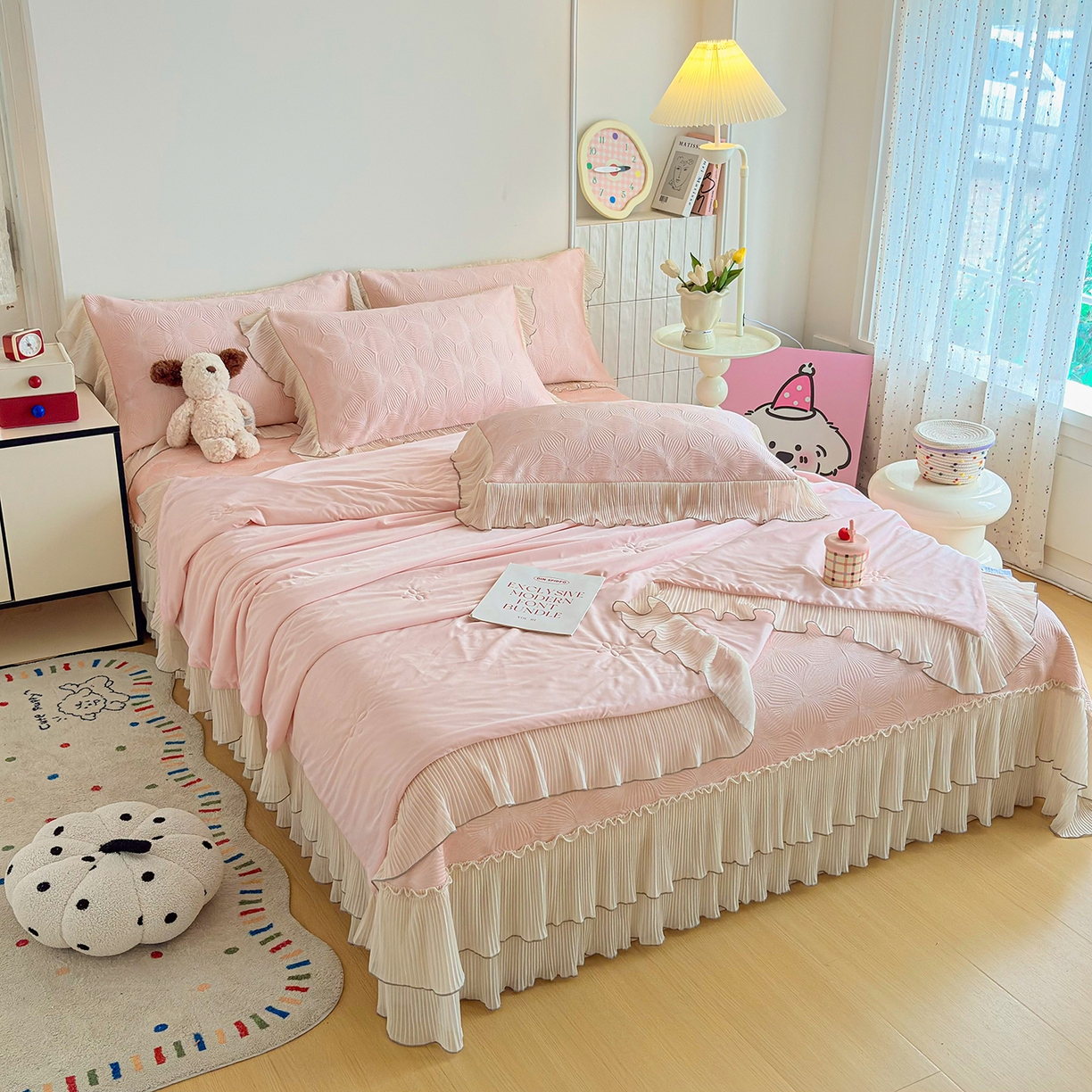 91家纺网 家纺一手货源 找家纺 锦格家纺 2026新款凉感丝网纱凉席席子 轻梦瑶-柔雾粉