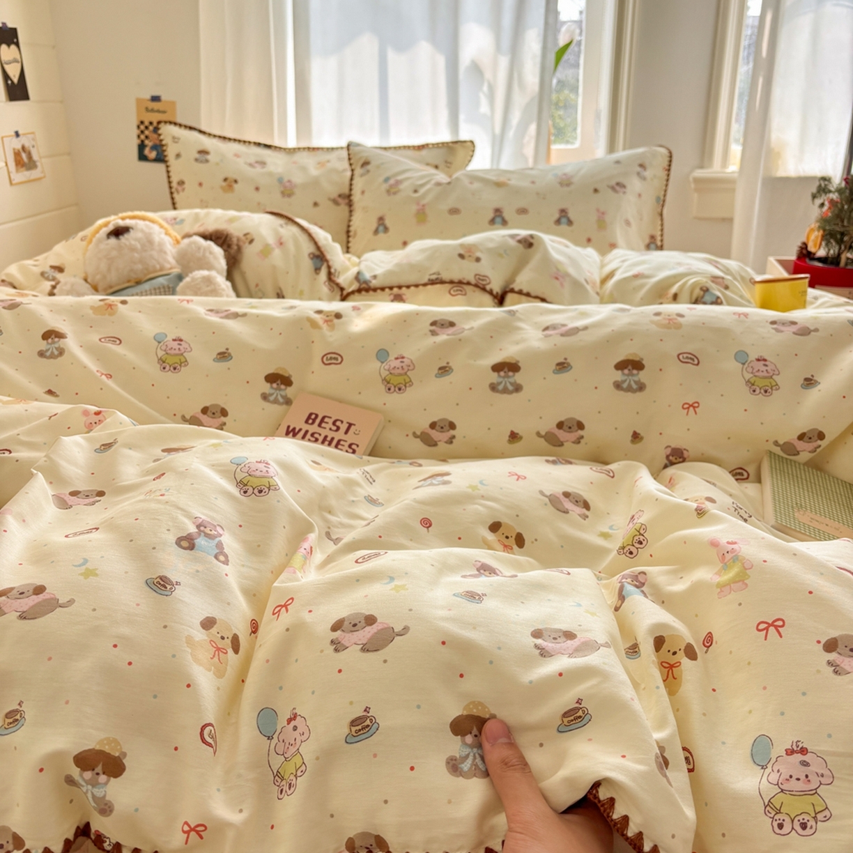 91家纺网 家纺一手货源 找家纺 慕尚家纺 2026春夏新款全棉纯棉印花三角针四件套 气球小狗