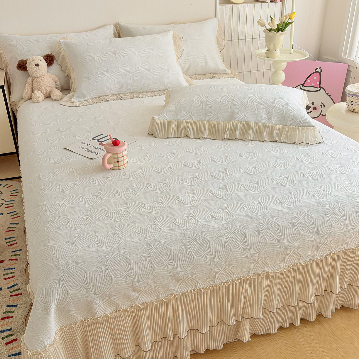 91家纺网 家纺一手货源 找家纺 锦格家纺 2026新款凉感丝网纱凉席席子 轻梦瑶-奶昔白