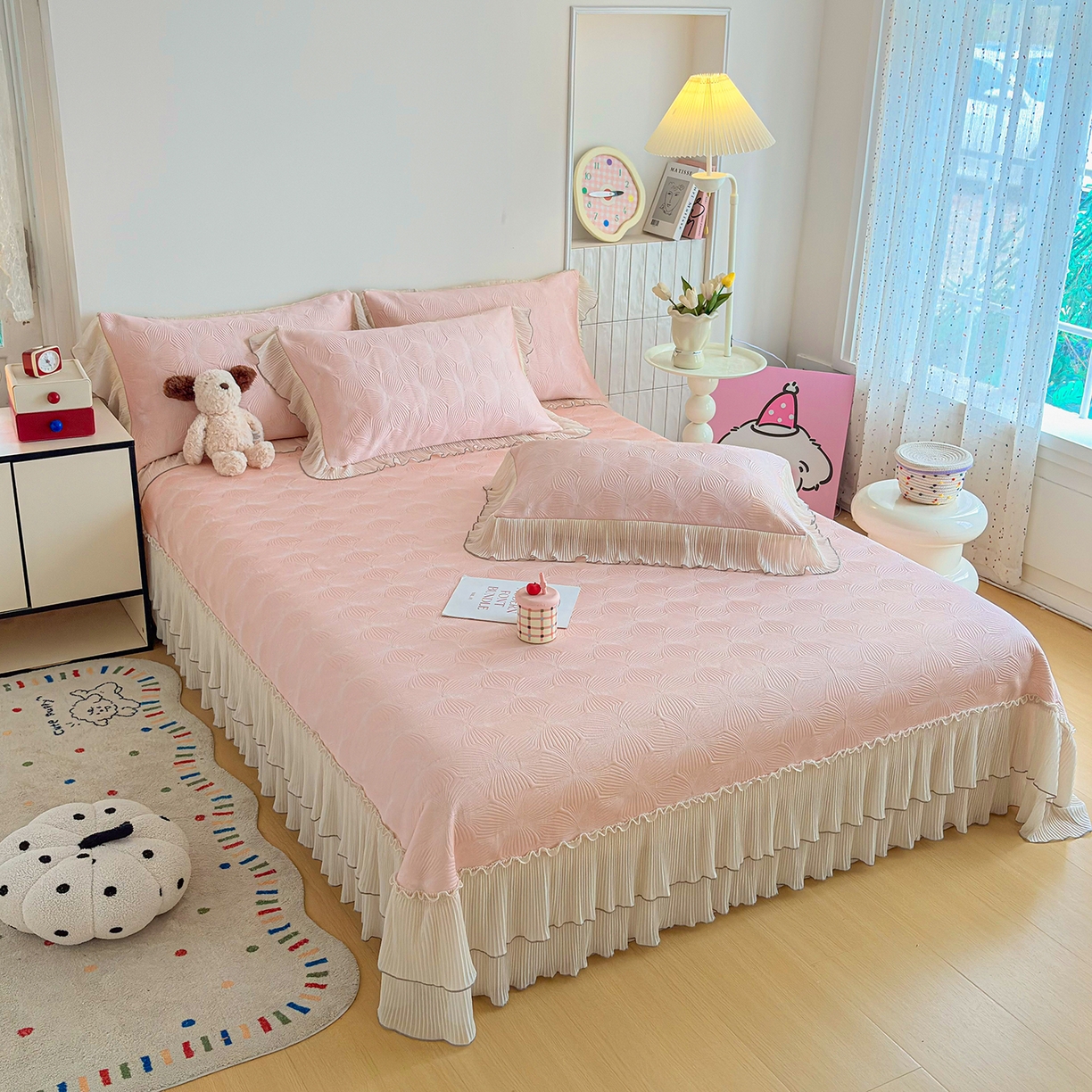 91家纺网 家纺一手货源 找家纺 锦格家纺 2026新款凉感丝网纱凉席席子 轻梦瑶-柔雾粉