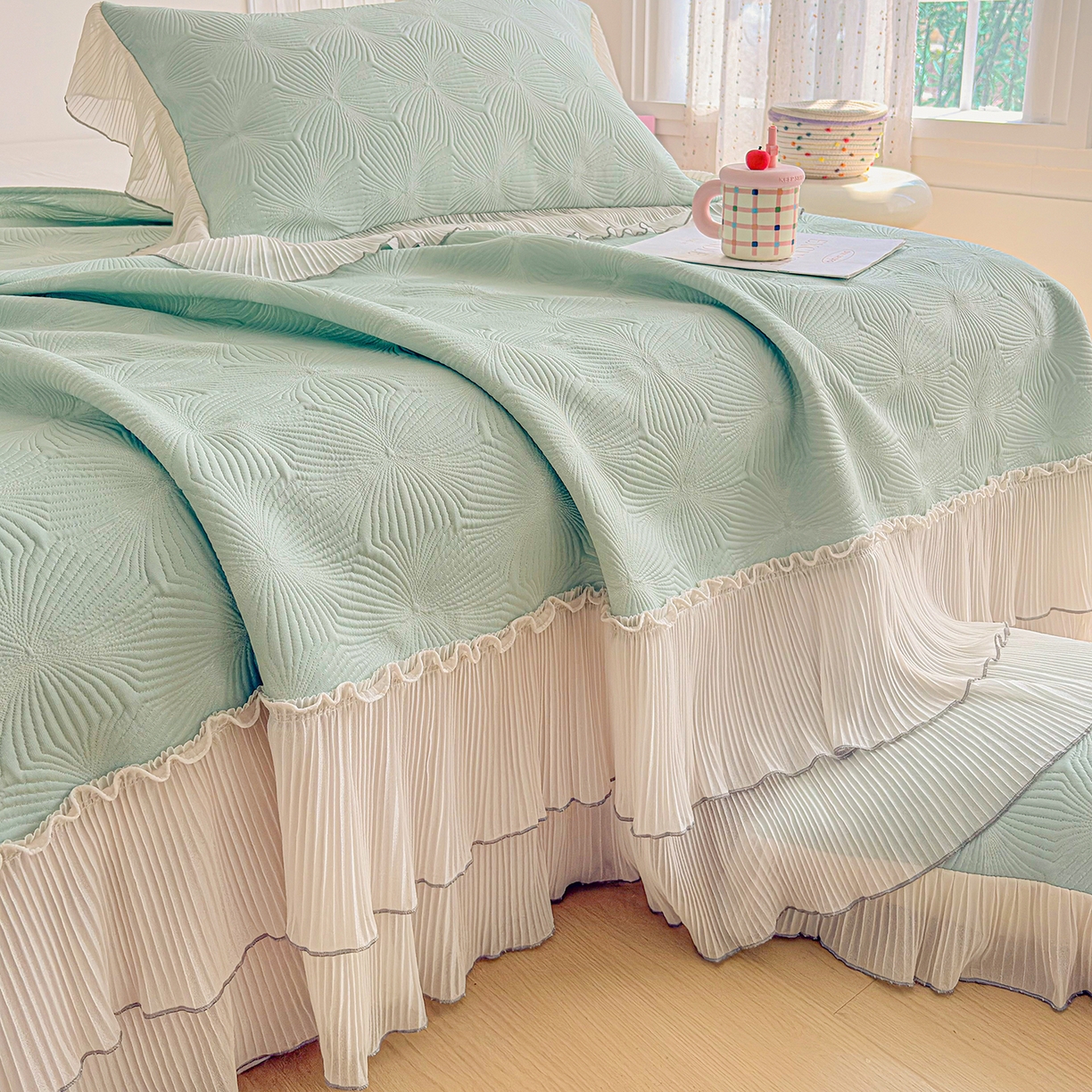 91家纺网 家纺一手货源 找家纺 锦格家纺 2026新款凉感丝网纱凉席席子 轻梦瑶-抹茶绿