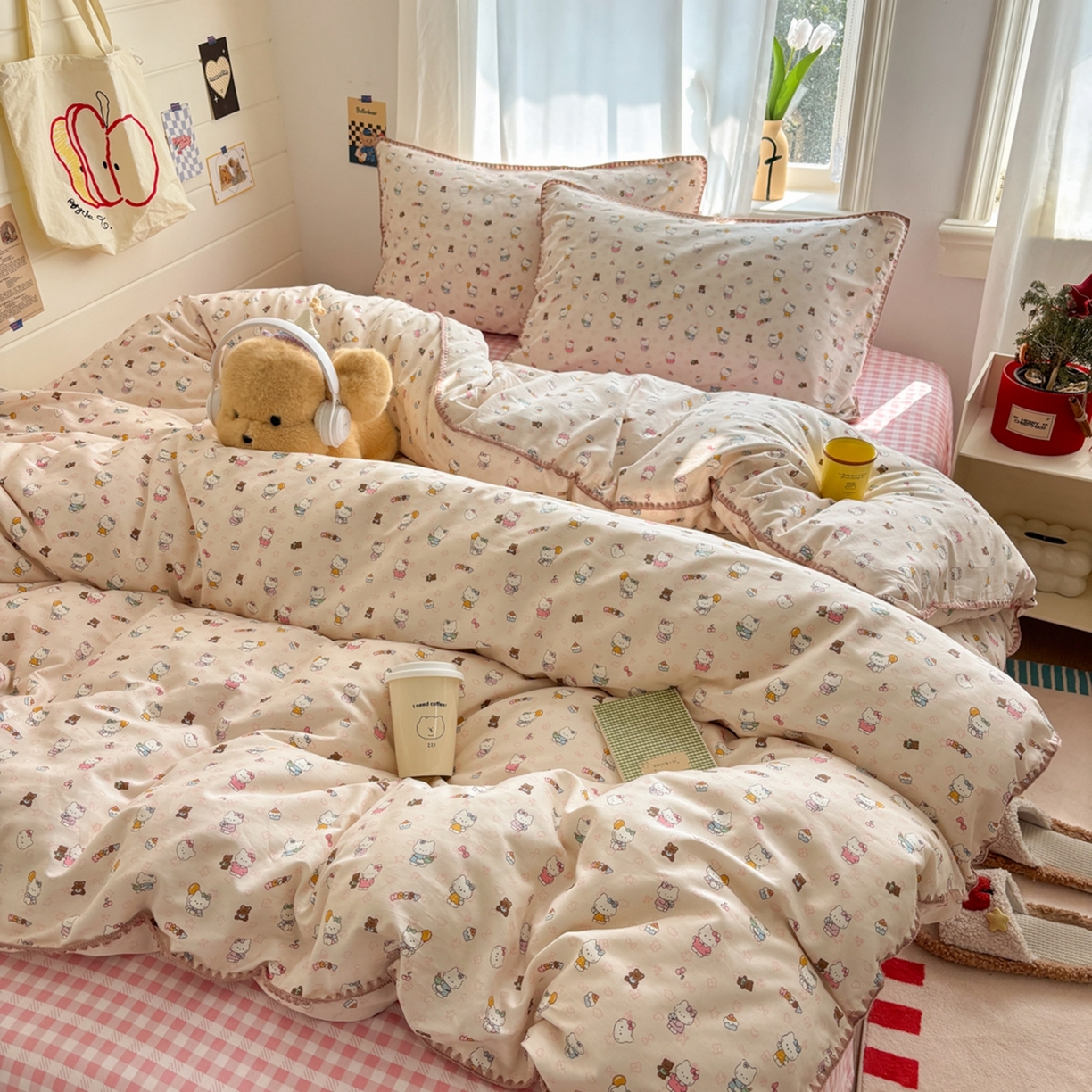 91家纺网 家纺一手货源 找家纺 慕尚家纺 2026春夏新款全棉纯棉印花三角针四件套 甜喵KT