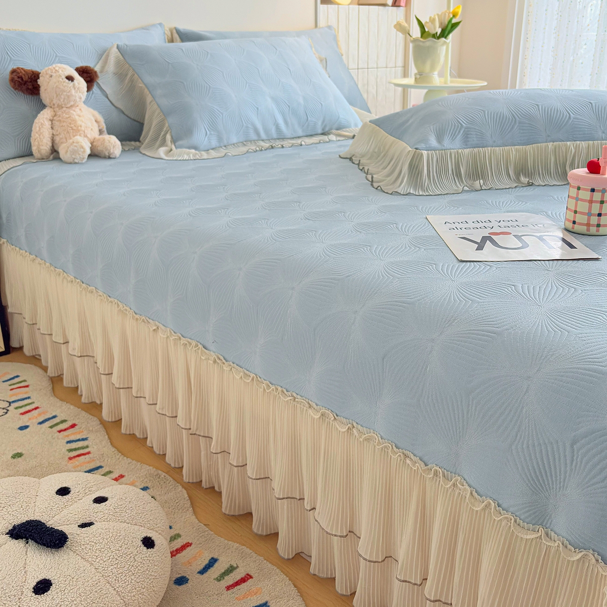 91家纺网 家纺一手货源 找家纺 锦格家纺 2026新款凉感丝网纱凉席夏被夏凉被空调被四件套 轻梦瑶-天空蓝