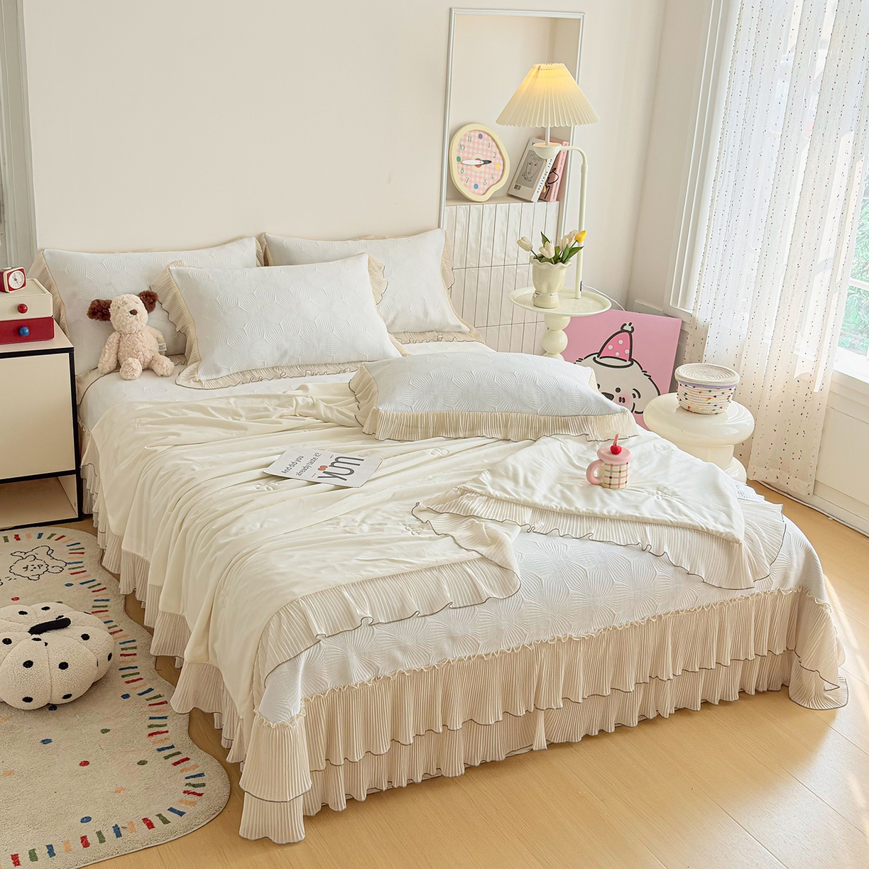 91家纺网 家纺一手货源 找家纺 锦格家纺 2026新款凉感丝网纱凉席夏被夏凉被空调被四件套 轻梦瑶-奶昔白