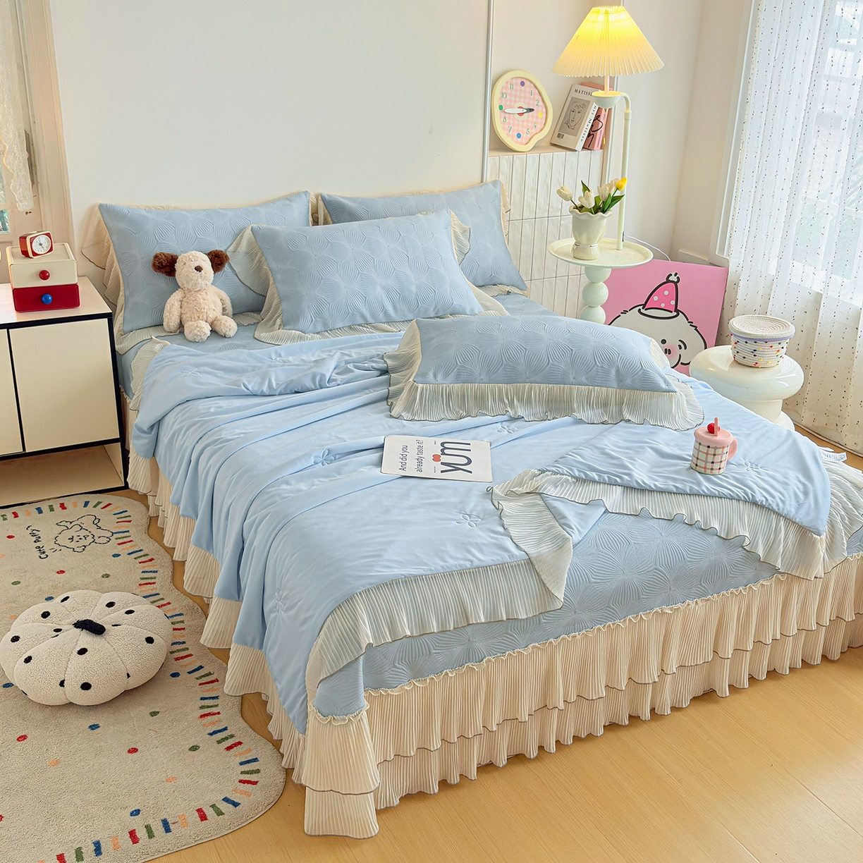 91家纺网 家纺一手货源 找家纺 锦格家纺 2026新款凉感丝网纱凉席夏被夏凉被空调被四件套 轻梦瑶-天空蓝