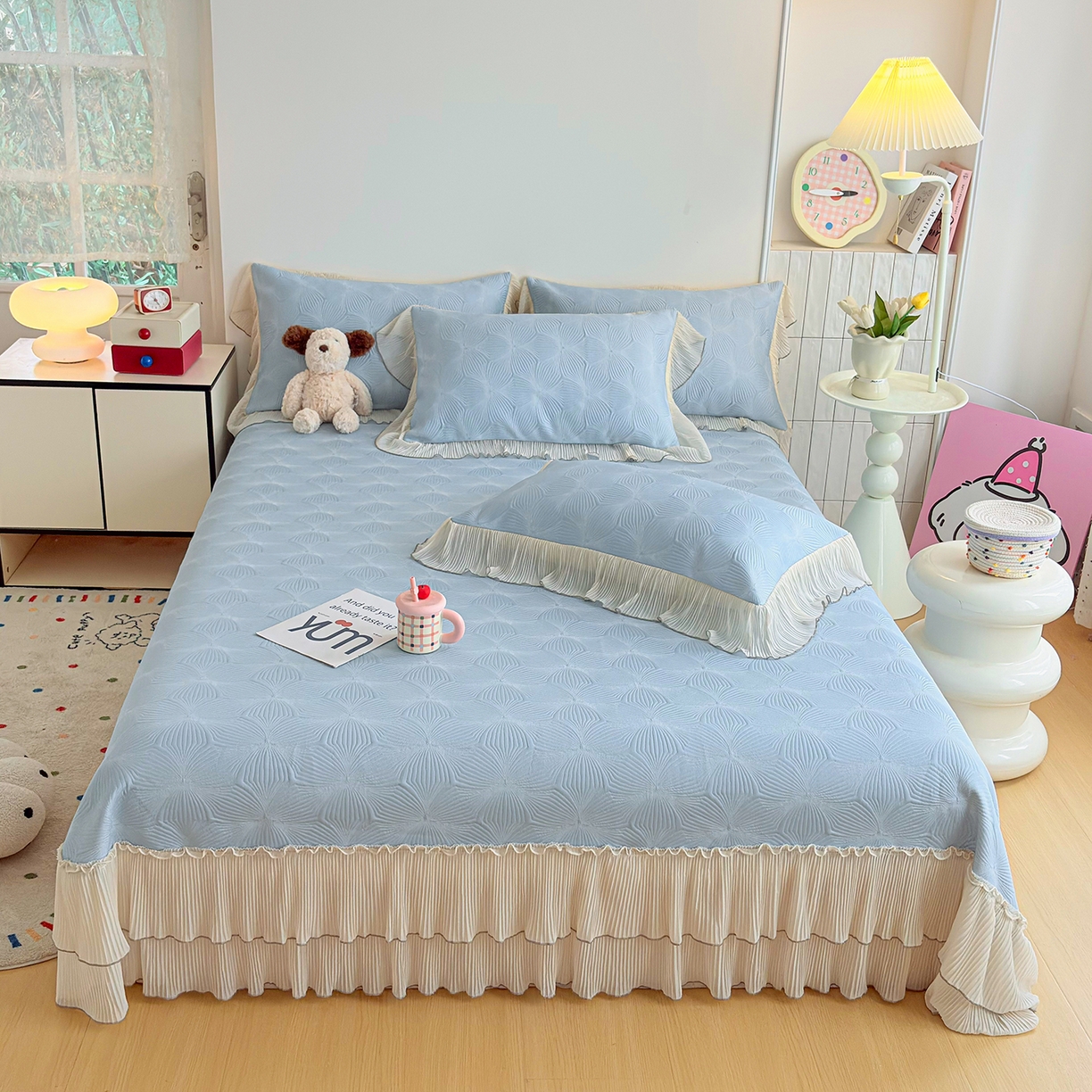 91家纺网 家纺一手货源 找家纺 锦格家纺 2026新款凉感丝网纱凉席夏被夏凉被空调被四件套 轻梦瑶-天空蓝