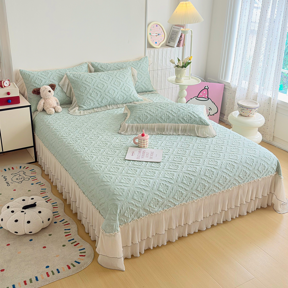 91家纺网 家纺一手货源 找家纺 锦格家纺 2026新款凉感丝网纱凉席夏被夏凉被空调被四件套 洛芙漫-抹茶绿