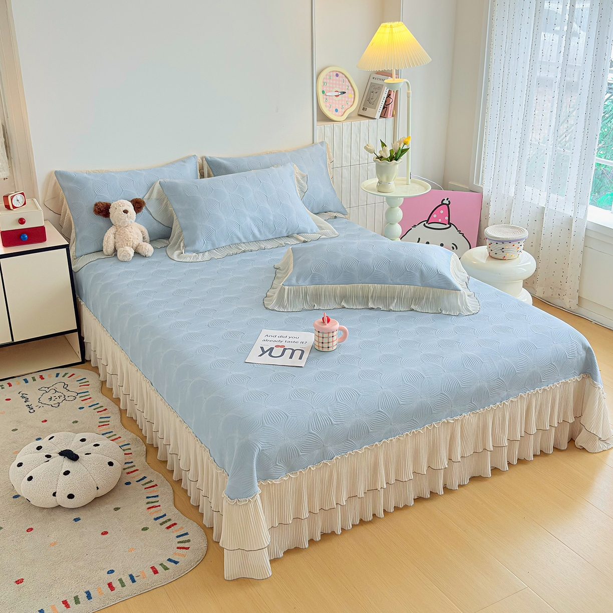 91家纺网 家纺一手货源 找家纺 锦格家纺 2026新款凉感丝网纱凉席夏被夏凉被空调被四件套 轻梦瑶-天空蓝