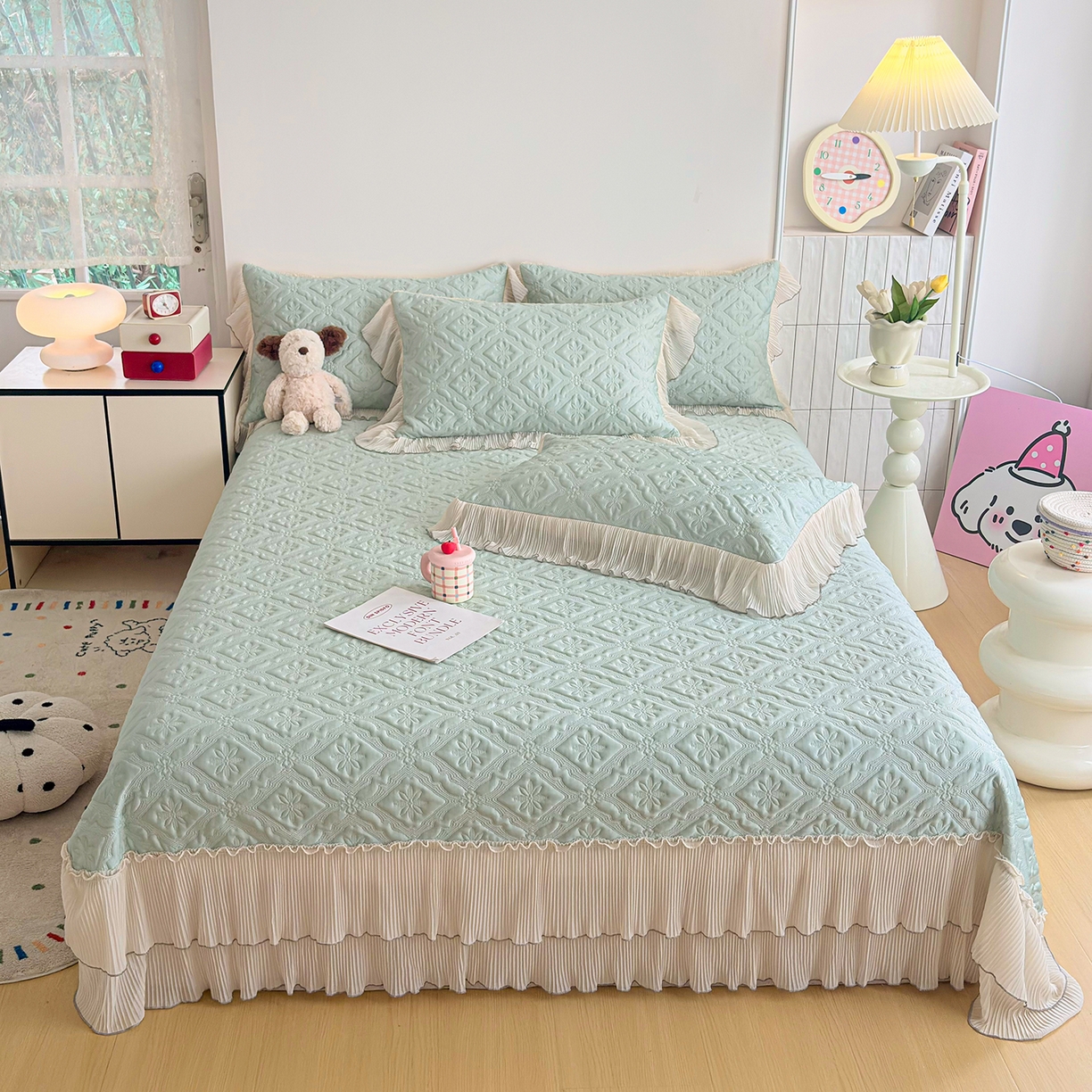 91家纺网 家纺一手货源 找家纺 锦格家纺 2026新款凉感丝网纱凉席夏被夏凉被空调被四件套 洛芙漫-抹茶绿