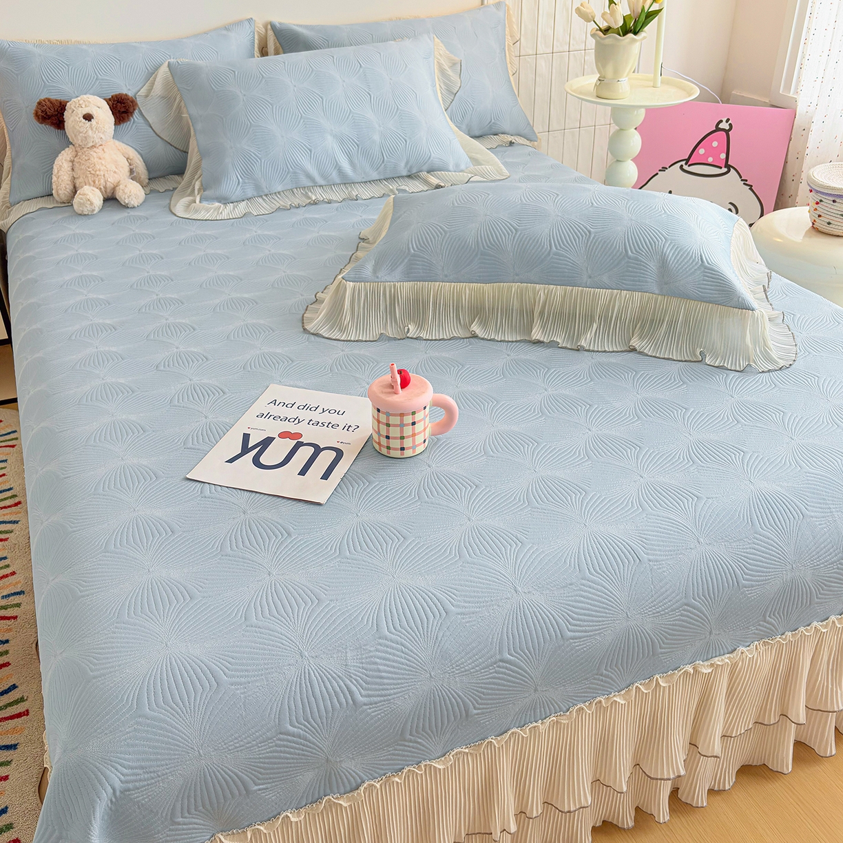 91家纺网 家纺一手货源 找家纺 锦格家纺 2026新款凉感丝网纱凉席夏被夏凉被空调被四件套 轻梦瑶-天空蓝