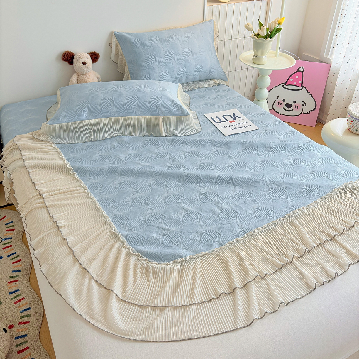 91家纺网 家纺一手货源 找家纺 锦格家纺 2026新款凉感丝网纱凉席夏被夏凉被空调被四件套 轻梦瑶-天空蓝