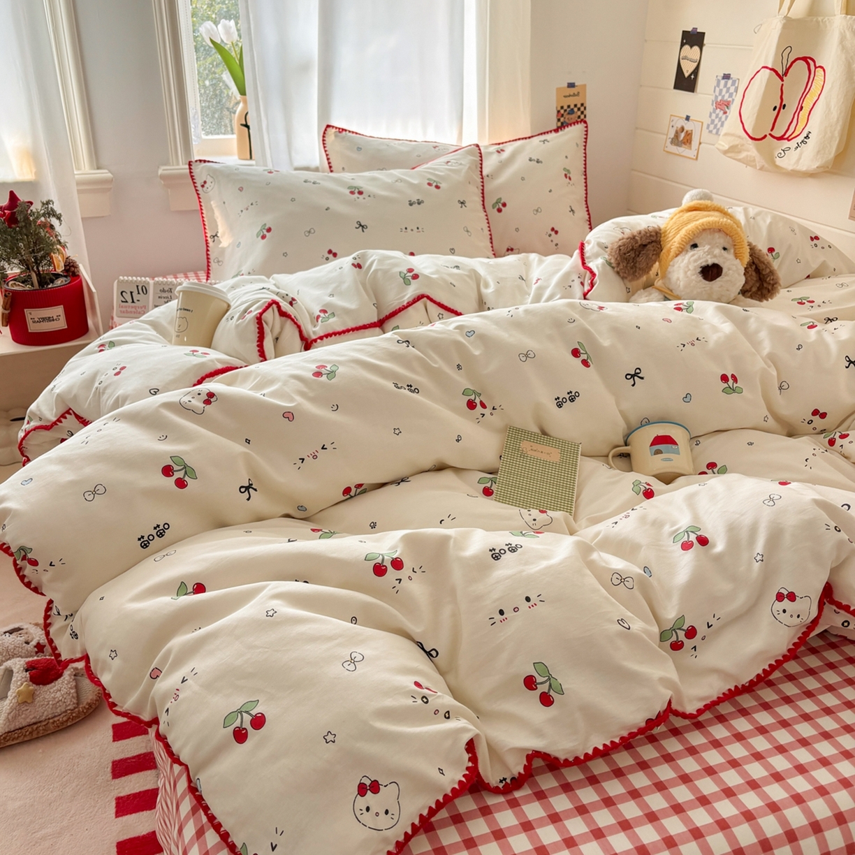 91家纺网 家纺一手货源 找家纺 慕尚家纺 2026春夏新款全棉纯棉印花三角针四件套 樱桃小喵