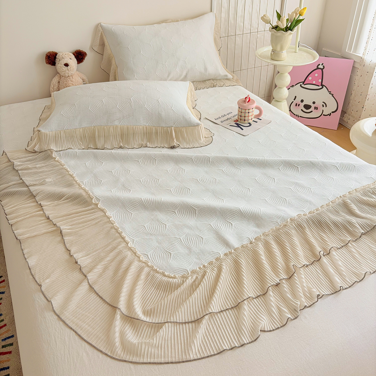 91家纺网 家纺一手货源 找家纺 锦格家纺 2026新款凉感丝网纱凉席夏被夏凉被空调被四件套 轻梦瑶-奶昔白