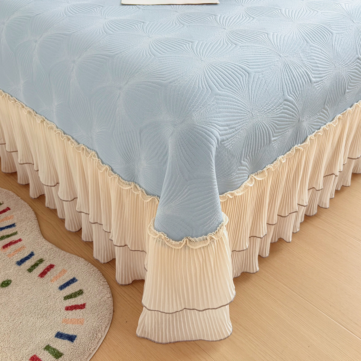 91家纺网 家纺一手货源 找家纺 锦格家纺 2026新款凉感丝网纱凉席夏被夏凉被空调被四件套 轻梦瑶-天空蓝