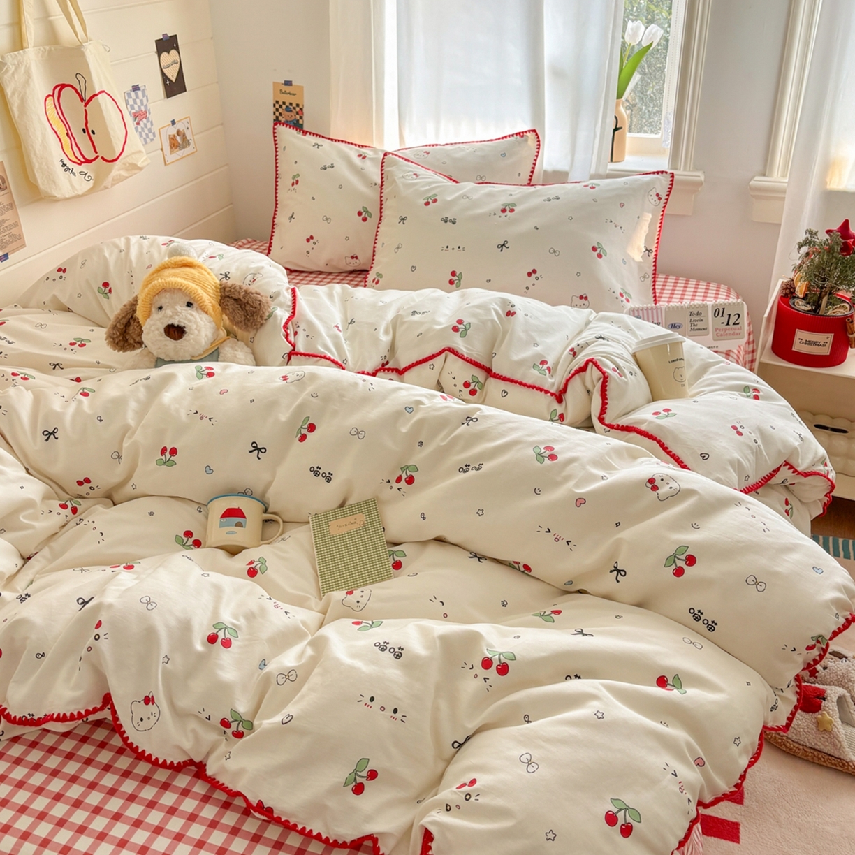 91家纺网 家纺一手货源 找家纺 慕尚家纺 2026春夏新款全棉纯棉印花三角针四件套 樱桃小喵