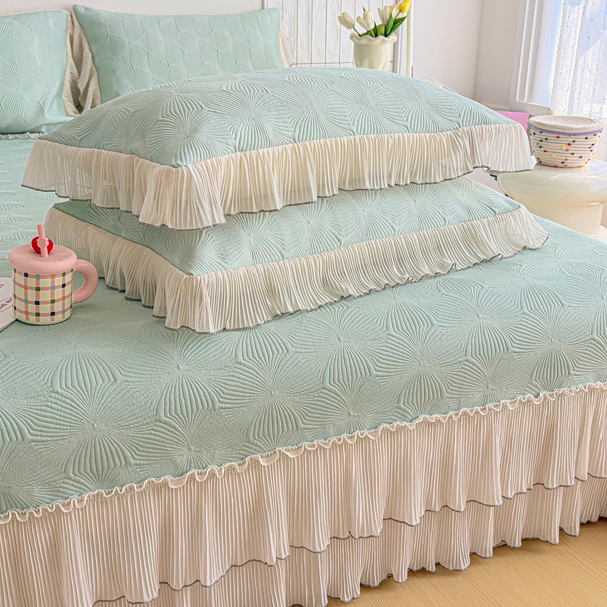 91家纺网 家纺一手货源 找家纺 锦格家纺 2026新款凉感丝网纱凉席夏被夏凉被空调被四件套 轻梦瑶-抹茶绿