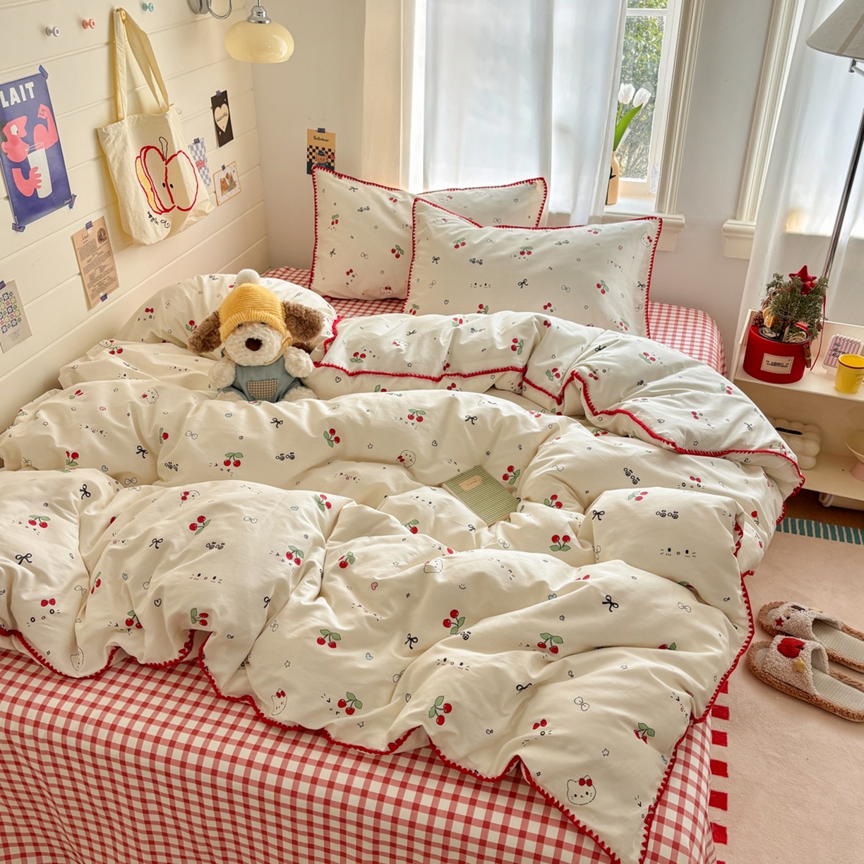 91家纺网 家纺一手货源 找家纺 慕尚家纺 2026春夏新款全棉纯棉印花三角针四件套 樱桃小喵