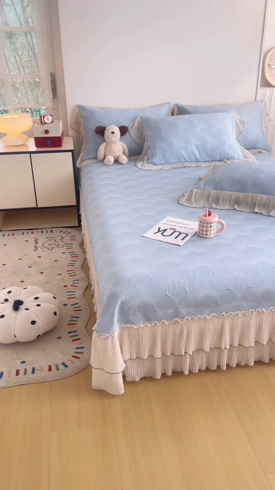 91家纺网 家纺一手货源 找家纺 锦格家纺 2026新款凉感丝网纱凉席夏被夏凉被空调被四件套 轻梦瑶-天空蓝