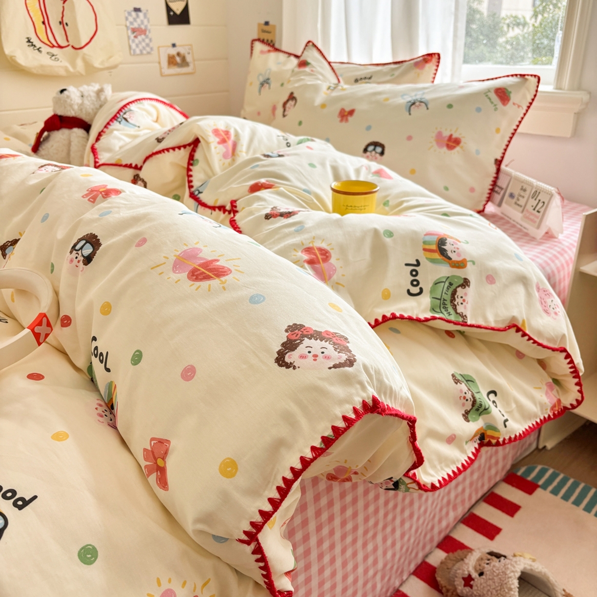 91家纺网 家纺一手货源 找家纺 慕尚家纺 2026春夏新款全棉纯棉印花三角针四件套 元气少女