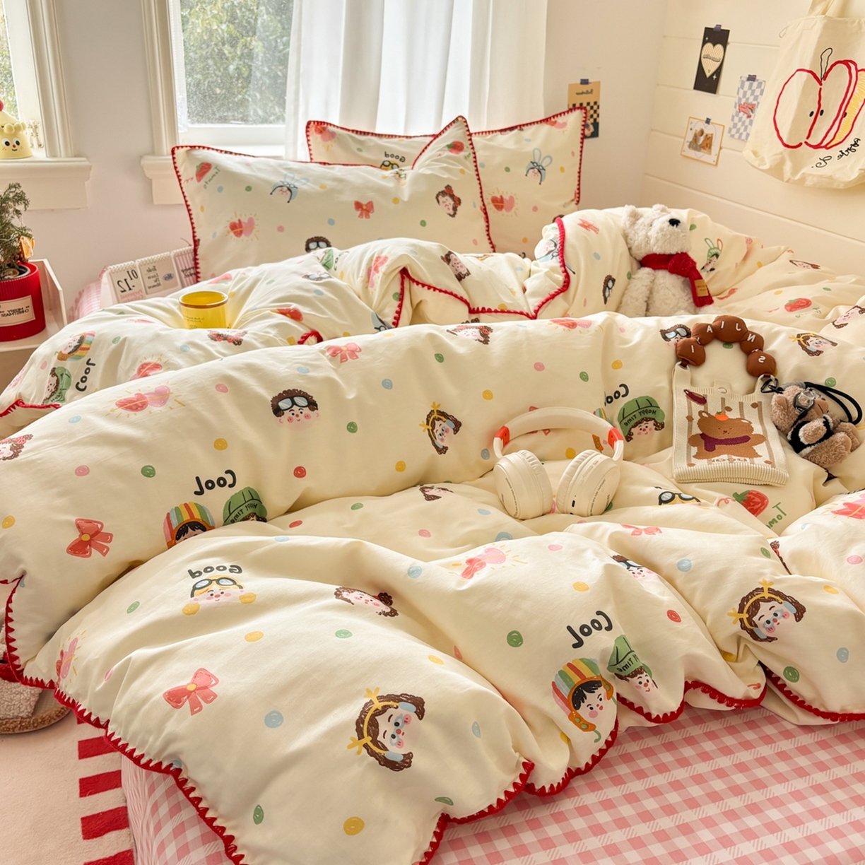 91家纺网 家纺一手货源 找家纺 慕尚家纺 2026春夏新款全棉纯棉印花三角针四件套 元气少女