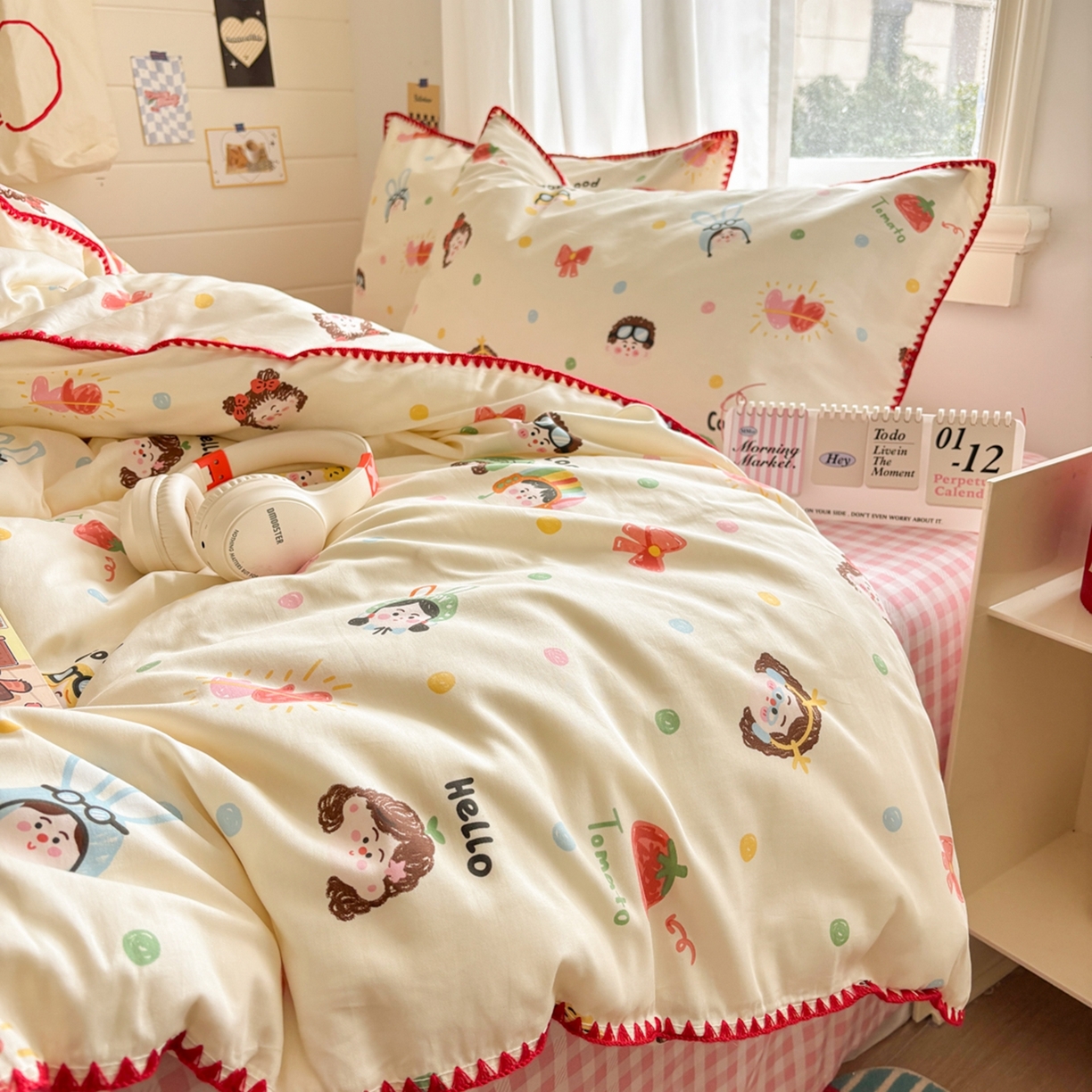 91家纺网 家纺一手货源 找家纺 慕尚家纺 2026春夏新款全棉纯棉印花三角针四件套 元气少女