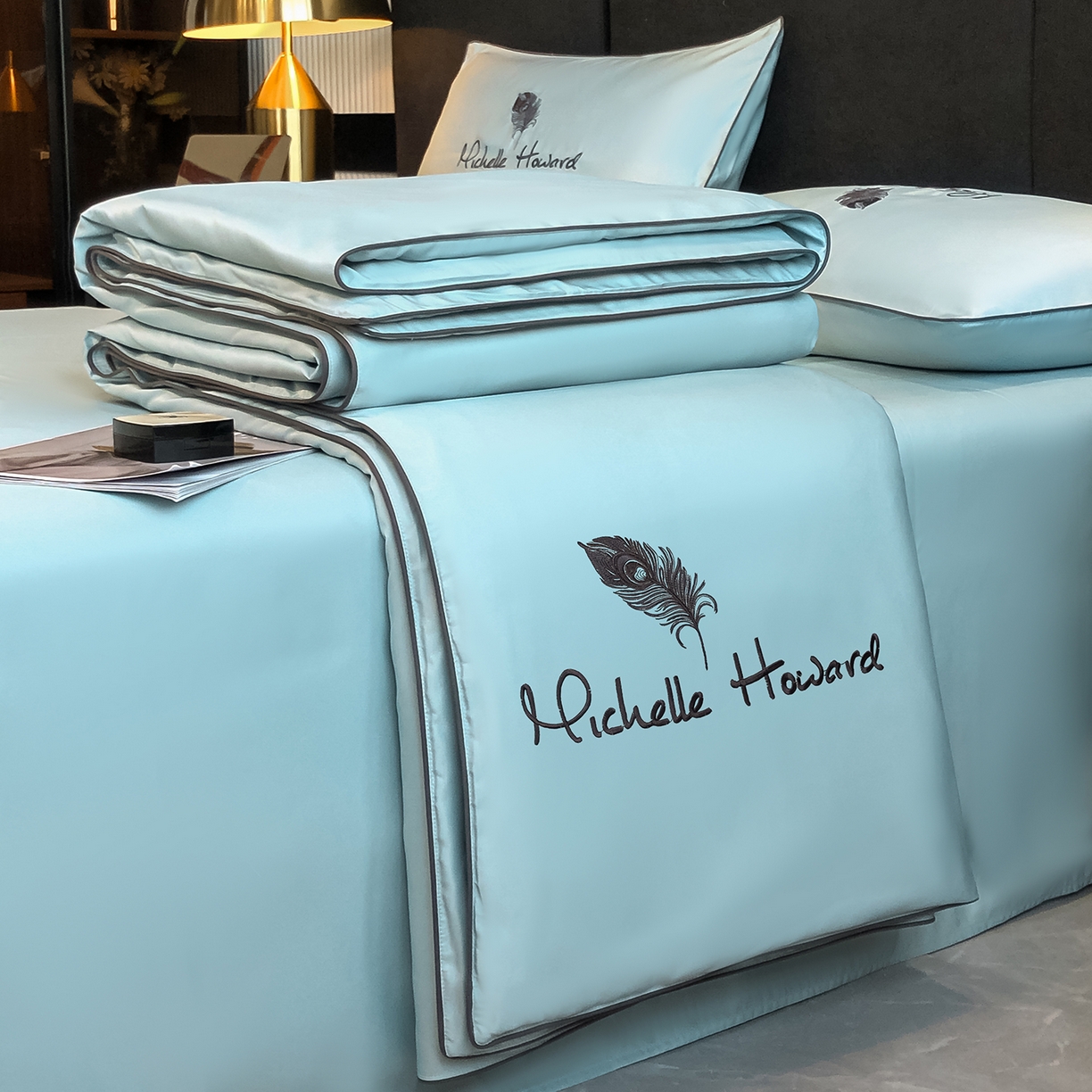 吾诺家居 2026新款双拼及羽毛刺绣夏被夏凉被空调被四件套-柔羽 羽毛梵星蓝