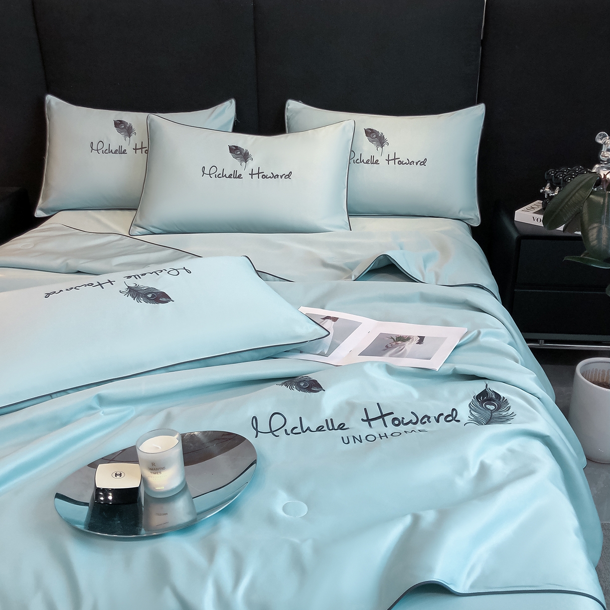 91家纺网 家纺一手货源 找家纺 吾诺家居 2026新款双拼及羽毛刺绣夏被夏凉被空调被四件套-柔羽 羽毛梵星蓝