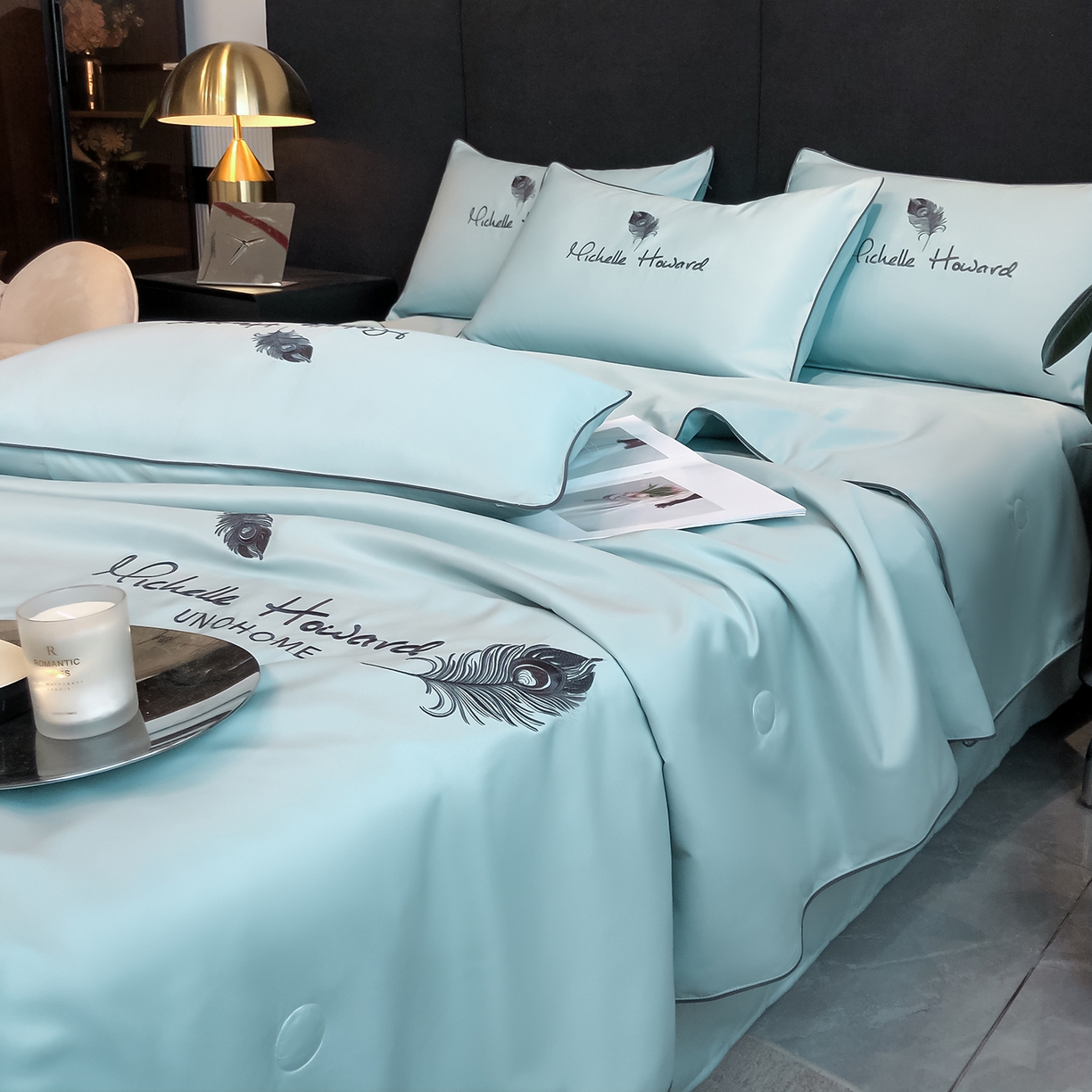 91家纺网 家纺一手货源 找家纺 吾诺家居 2026新款双拼及羽毛刺绣夏被夏凉被空调被四件套-柔羽 羽毛梵星蓝