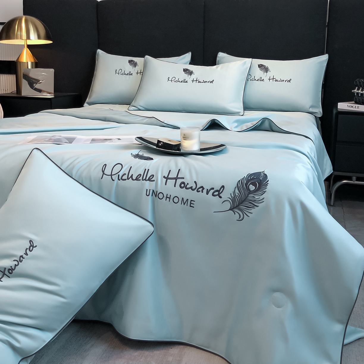 91家纺网 家纺一手货源 找家纺 吾诺家居 2026新款双拼及羽毛刺绣夏被夏凉被空调被四件套-柔羽 羽毛梵星蓝