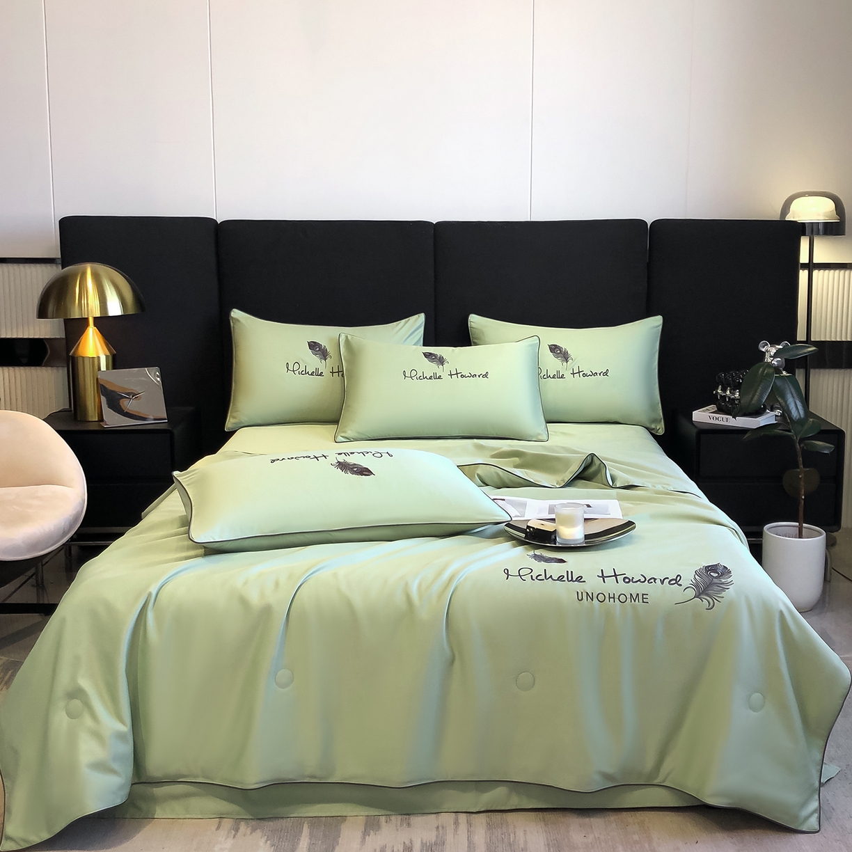 91家纺网 家纺一手货源 找家纺 吾诺家居 2026新款双拼及羽毛刺绣夏被夏凉被空调被四件套-柔羽 羽毛果绿