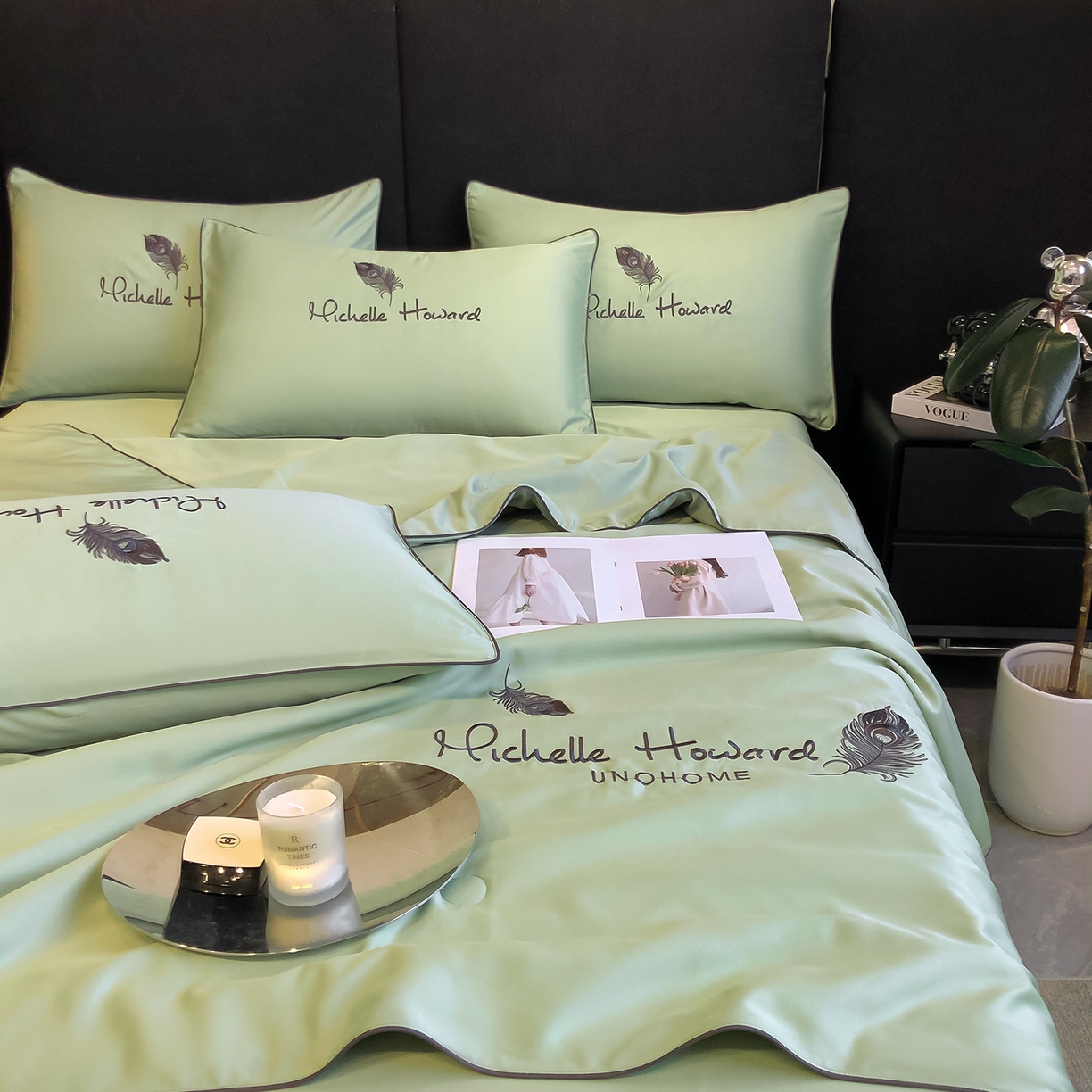 91家纺网 家纺一手货源 找家纺 吾诺家居 2026新款双拼及羽毛刺绣夏被夏凉被空调被四件套-柔羽 羽毛果绿