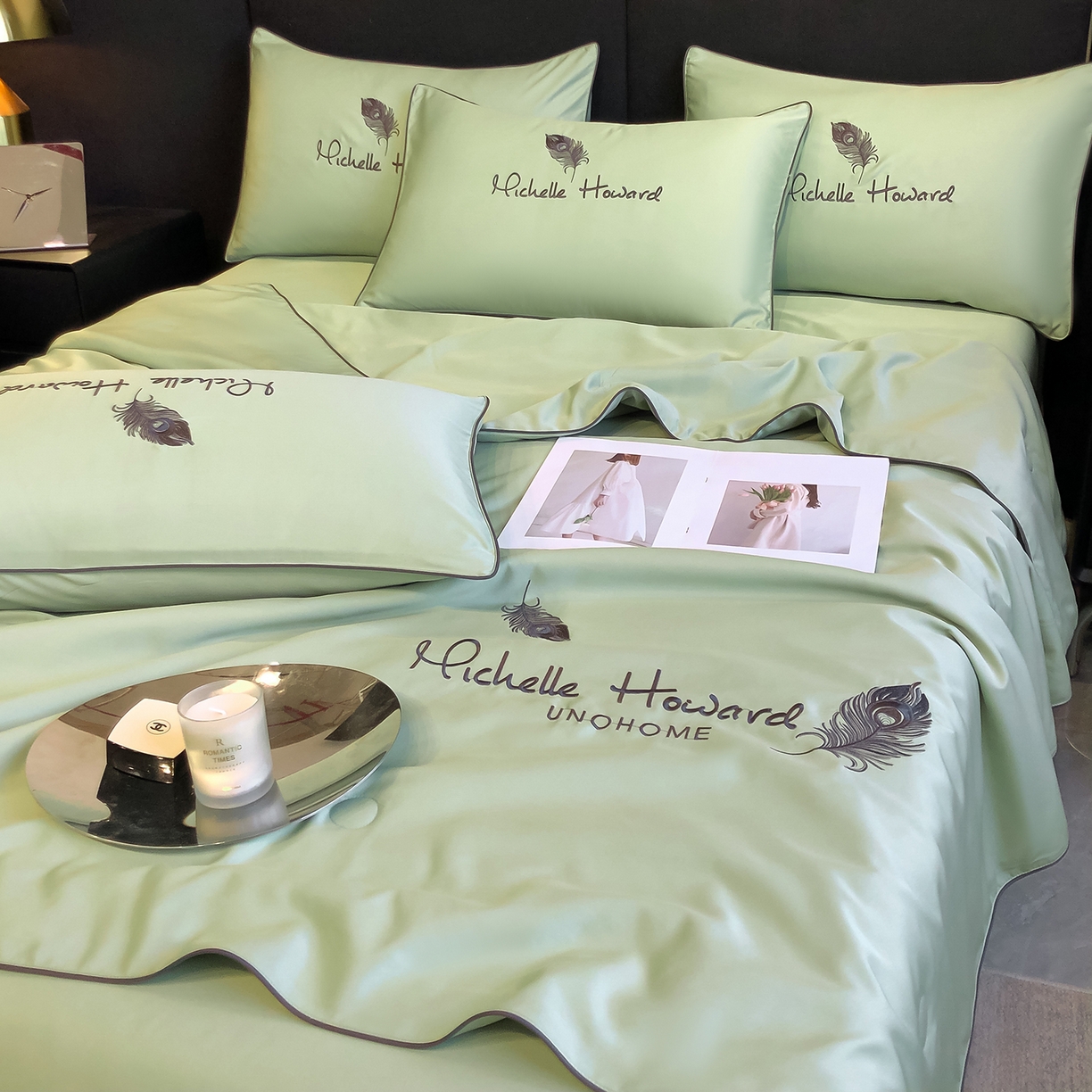 91家纺网 家纺一手货源 找家纺 吾诺家居 2026新款双拼及羽毛刺绣夏被夏凉被空调被四件套-柔羽 羽毛果绿