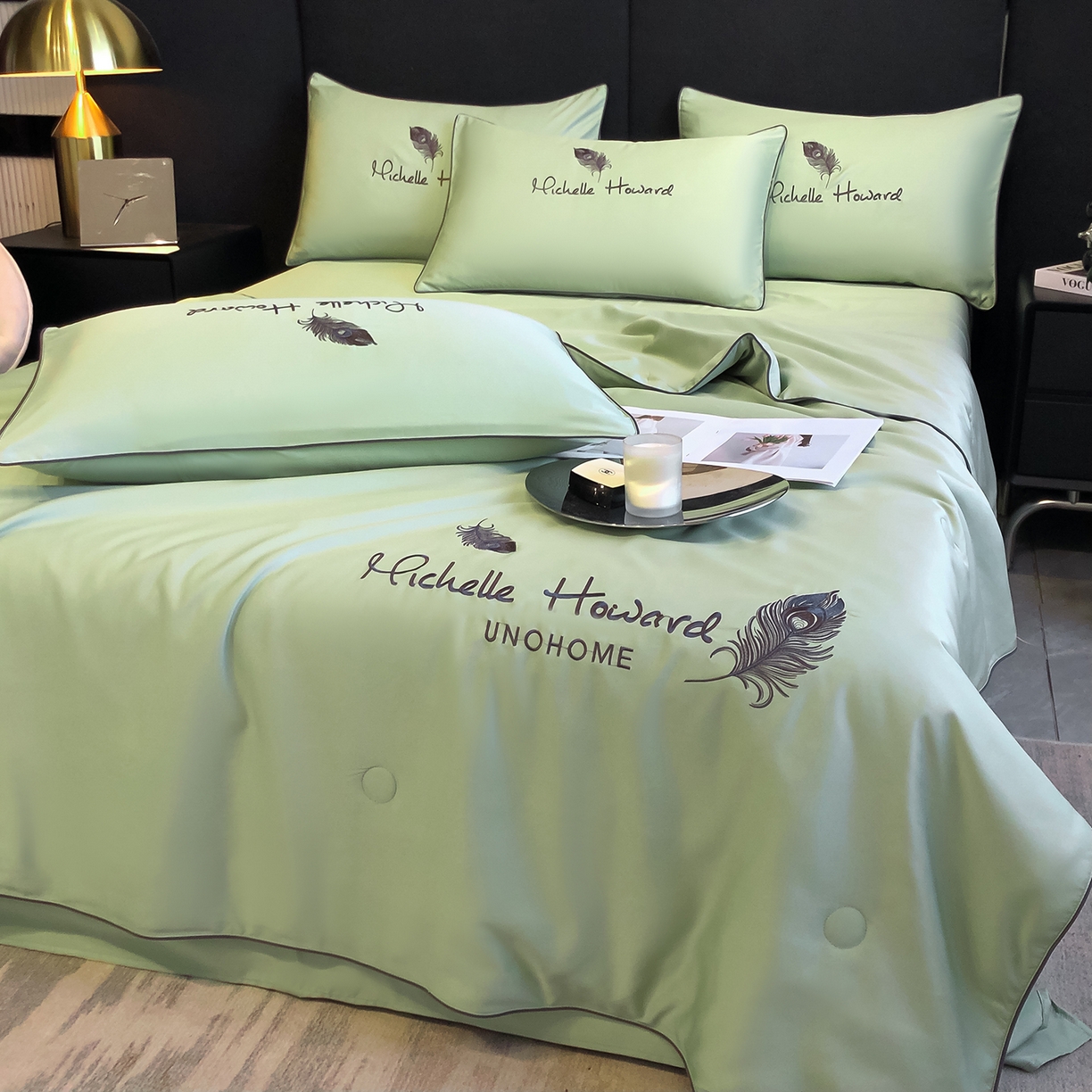 91家纺网 家纺一手货源 找家纺 吾诺家居 2026新款双拼及羽毛刺绣夏被夏凉被空调被四件套-柔羽 羽毛果绿