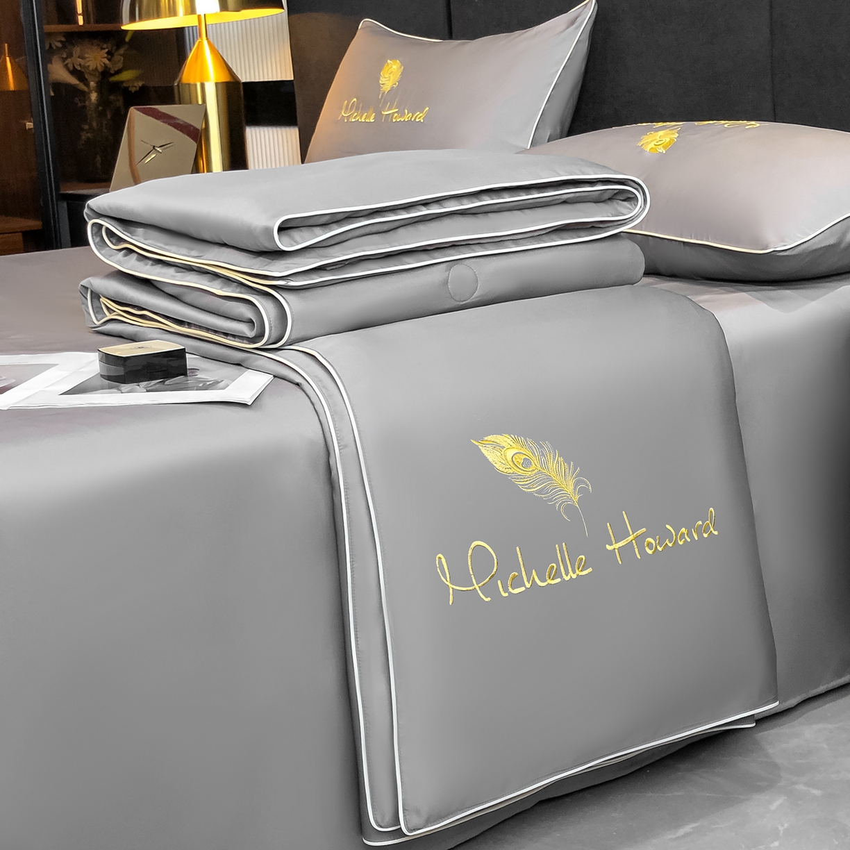 吾诺家居 2026新款双拼及羽毛刺绣夏被夏凉被空调被四件套-柔羽 羽毛经典灰