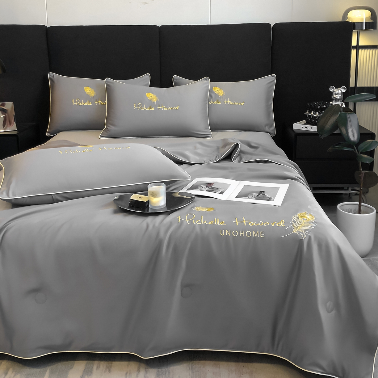 91家纺网 家纺一手货源 找家纺 吾诺家居 2026新款双拼及羽毛刺绣夏被夏凉被空调被四件套-柔羽 羽毛经典灰