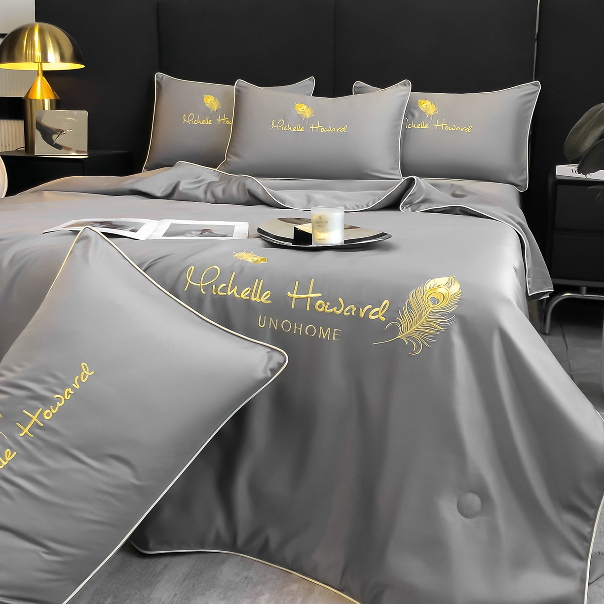 91家纺网 家纺一手货源 找家纺 吾诺家居 2026新款双拼及羽毛刺绣夏被夏凉被空调被四件套-柔羽 羽毛经典灰