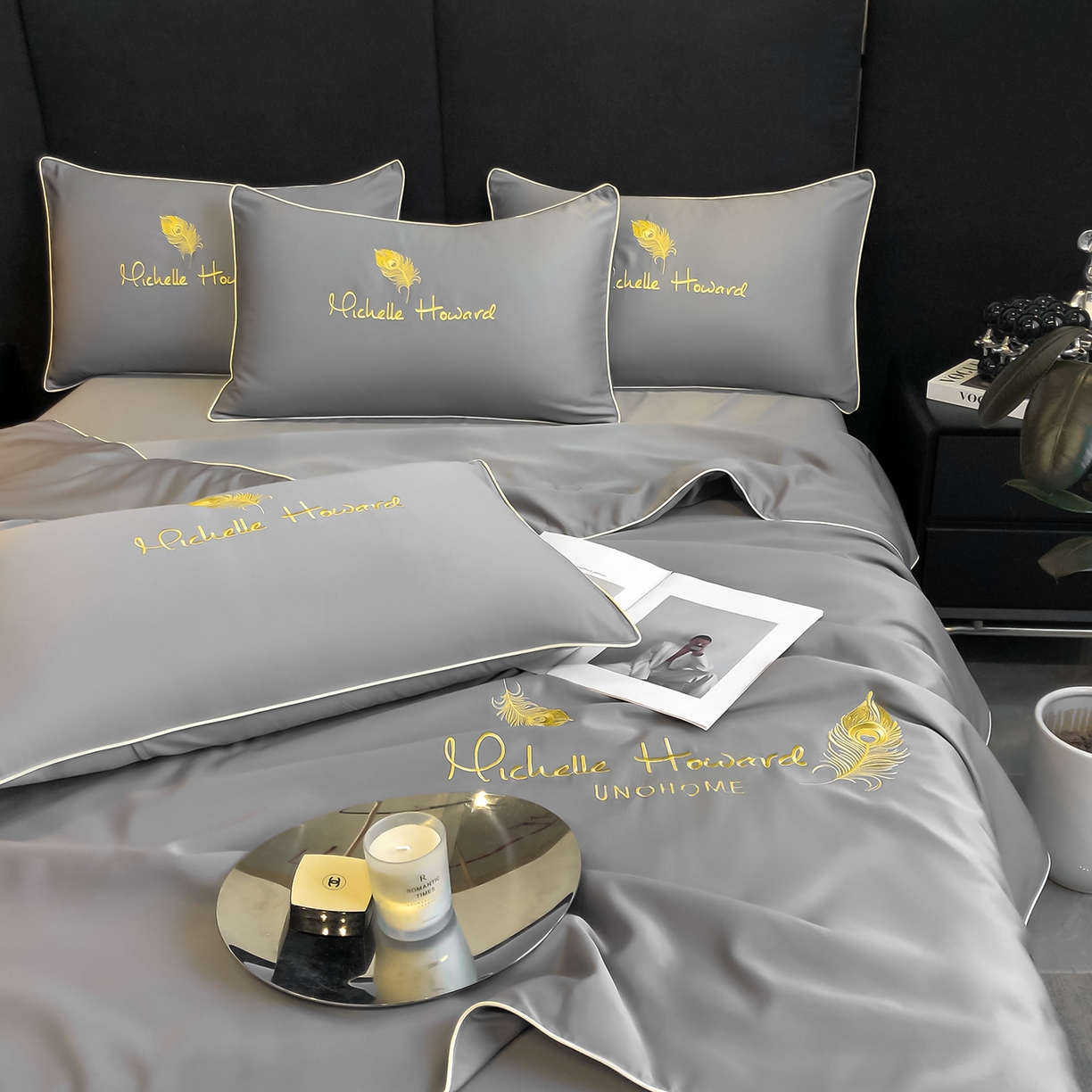 91家纺网 家纺一手货源 找家纺 吾诺家居 2026新款双拼及羽毛刺绣夏被夏凉被空调被四件套-柔羽 羽毛经典灰