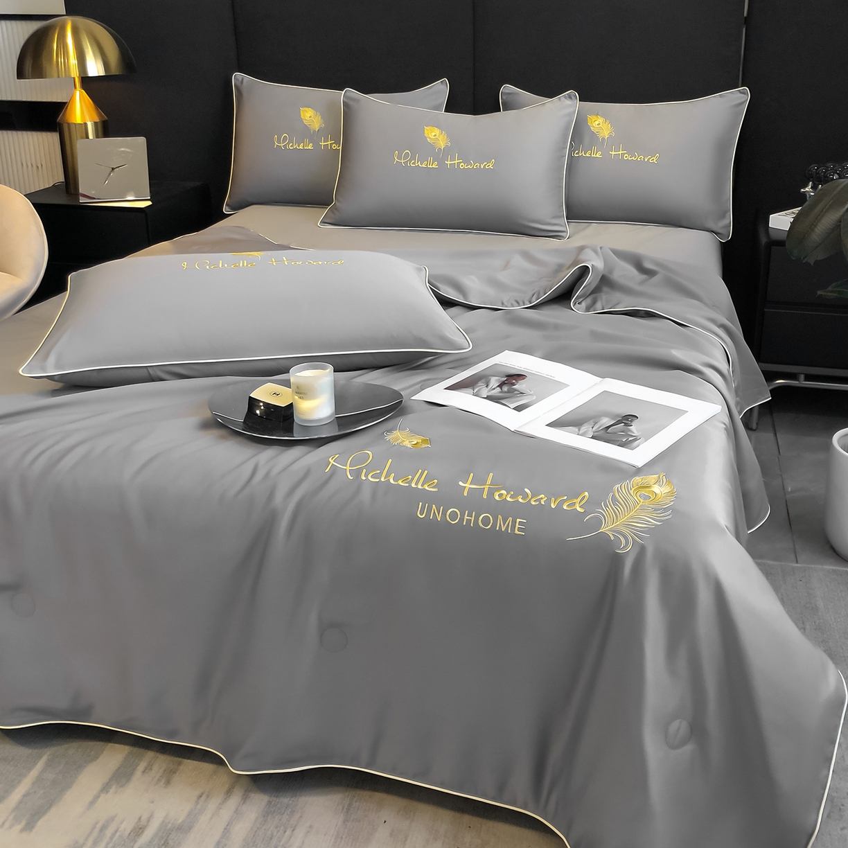 91家纺网 家纺一手货源 找家纺 吾诺家居 2026新款双拼及羽毛刺绣夏被夏凉被空调被四件套-柔羽 羽毛经典灰