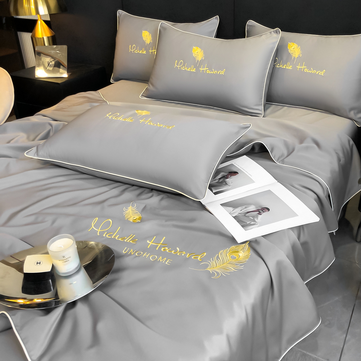 91家纺网 家纺一手货源 找家纺 吾诺家居 2026新款双拼及羽毛刺绣夏被夏凉被空调被四件套-柔羽 羽毛经典灰