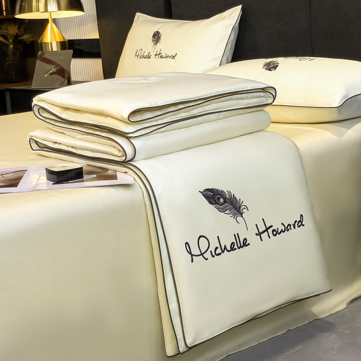 吾诺家居 2026新款双拼及羽毛刺绣夏被夏凉被空调被四件套-柔羽 羽毛奶昔白