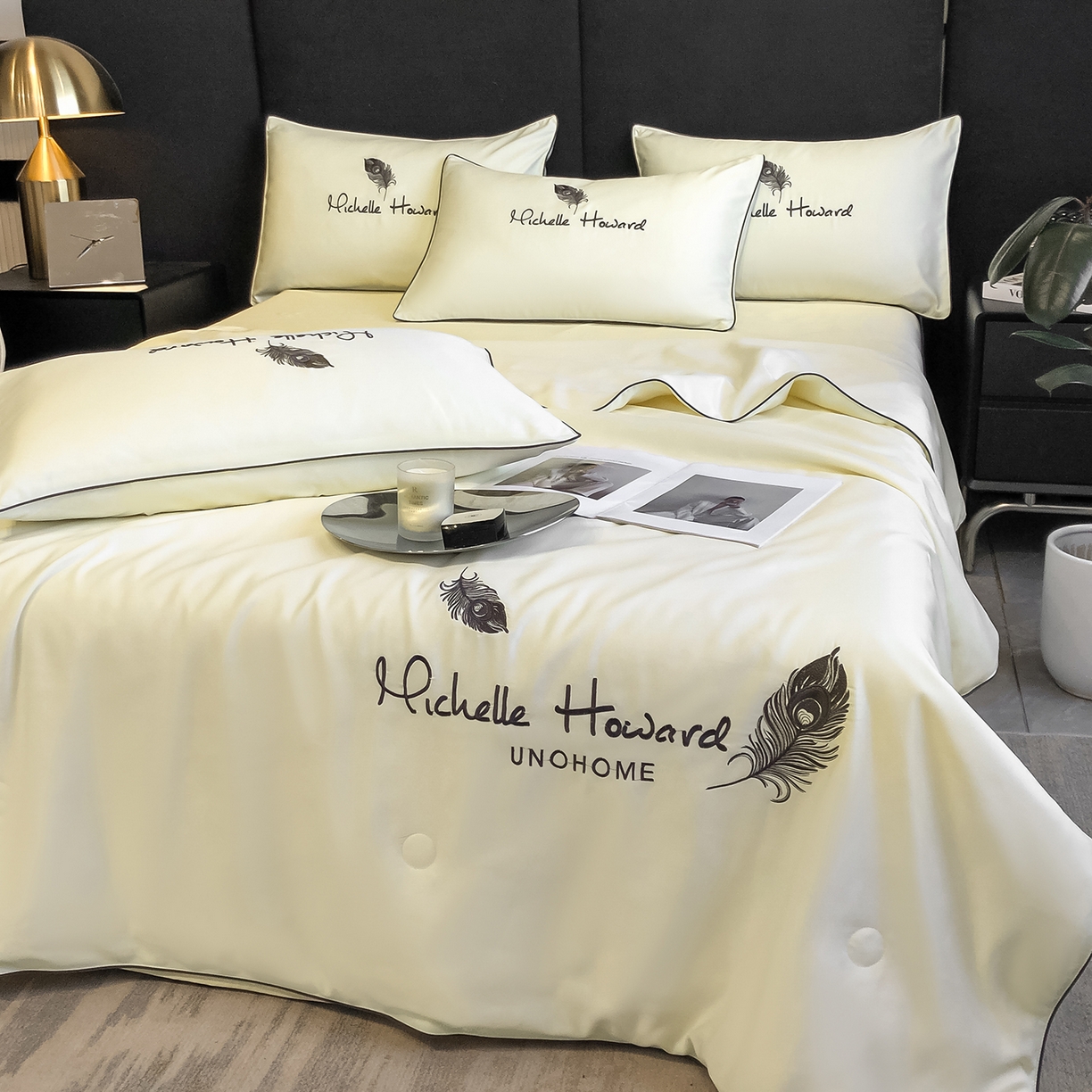 91家纺网 家纺一手货源 找家纺 吾诺家居 2026新款双拼及羽毛刺绣夏被夏凉被空调被四件套-柔羽 羽毛奶昔白