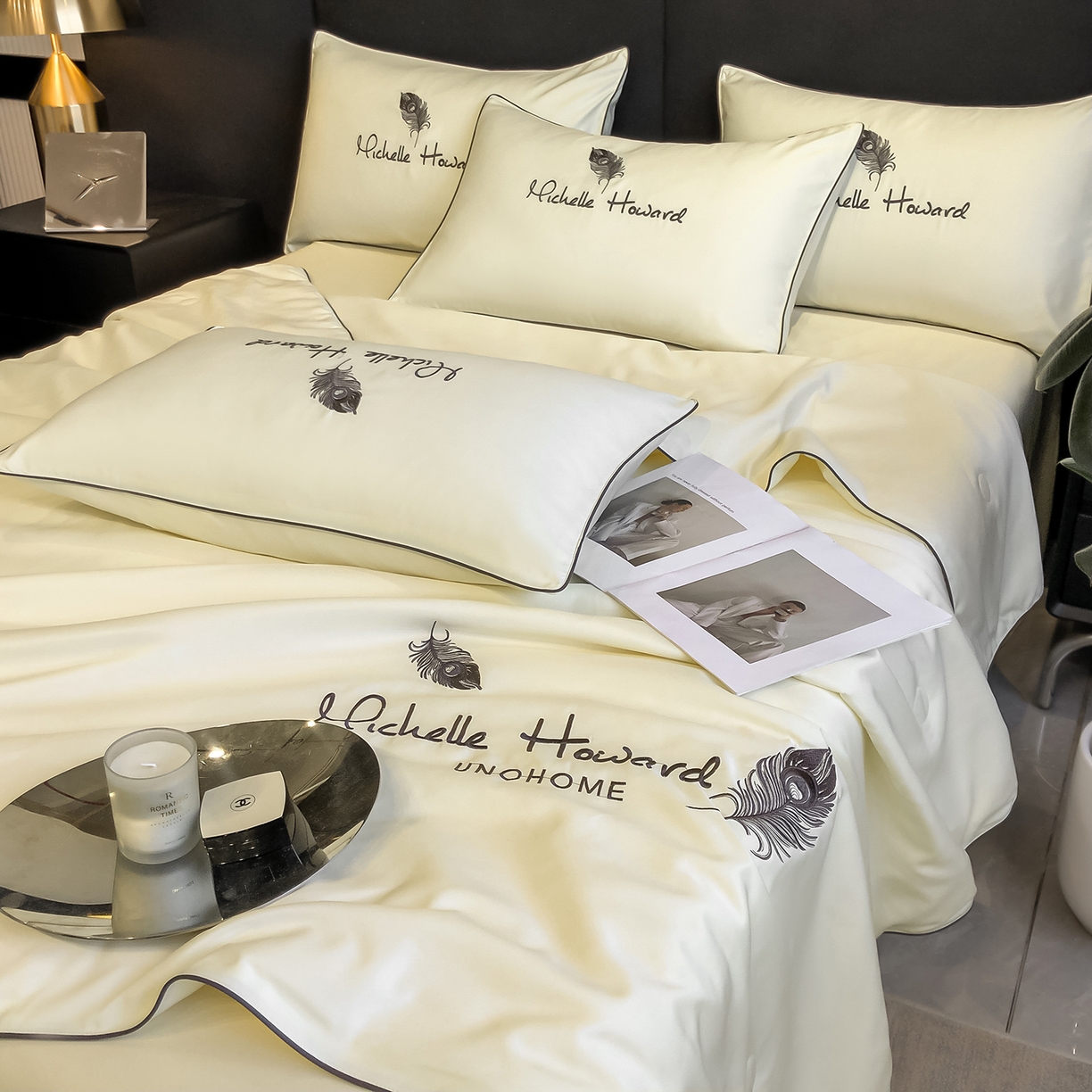 91家纺网 家纺一手货源 找家纺 吾诺家居 2026新款双拼及羽毛刺绣夏被夏凉被空调被四件套-柔羽 羽毛奶昔白