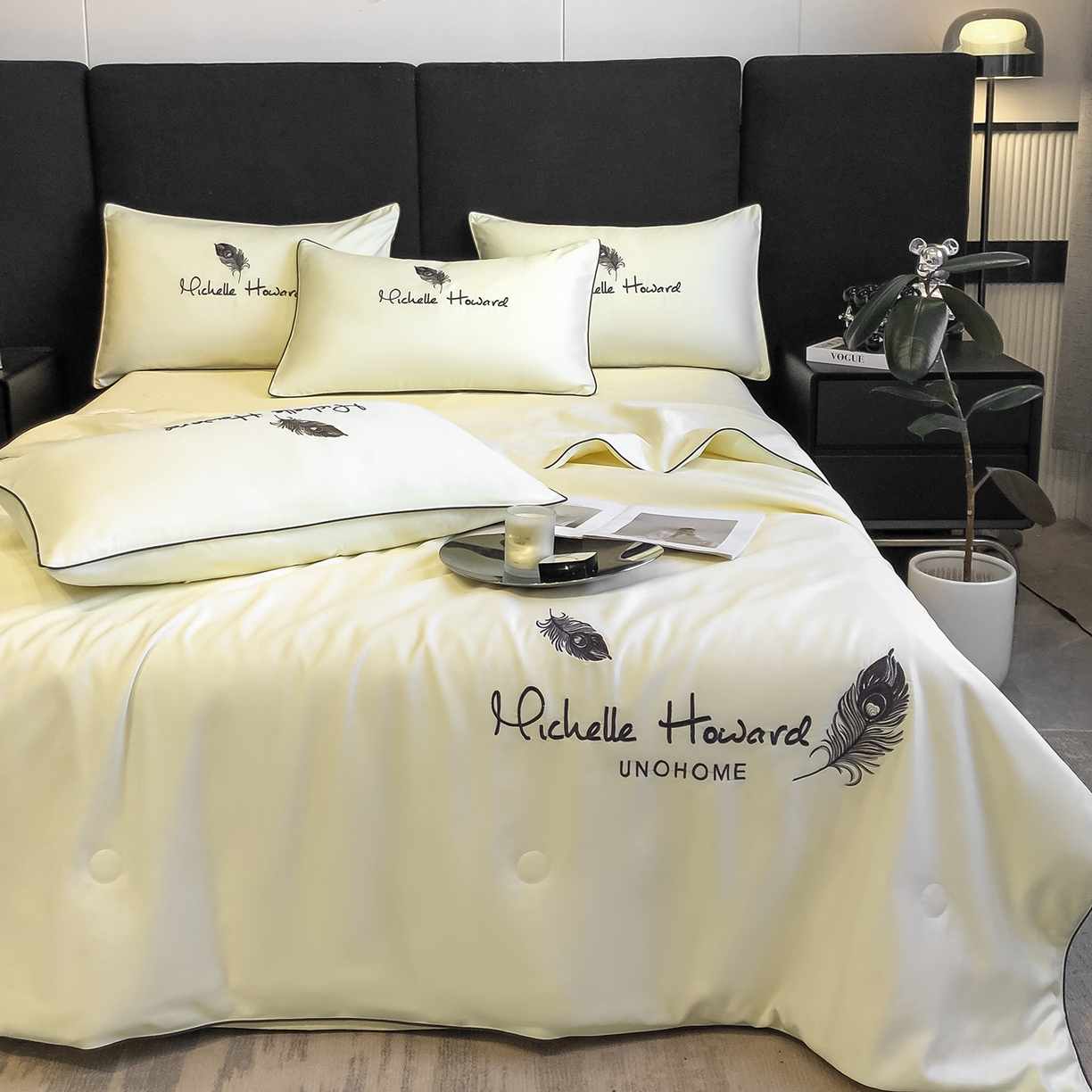 91家纺网 家纺一手货源 找家纺 吾诺家居 2026新款双拼及羽毛刺绣夏被夏凉被空调被四件套-柔羽 羽毛奶昔白