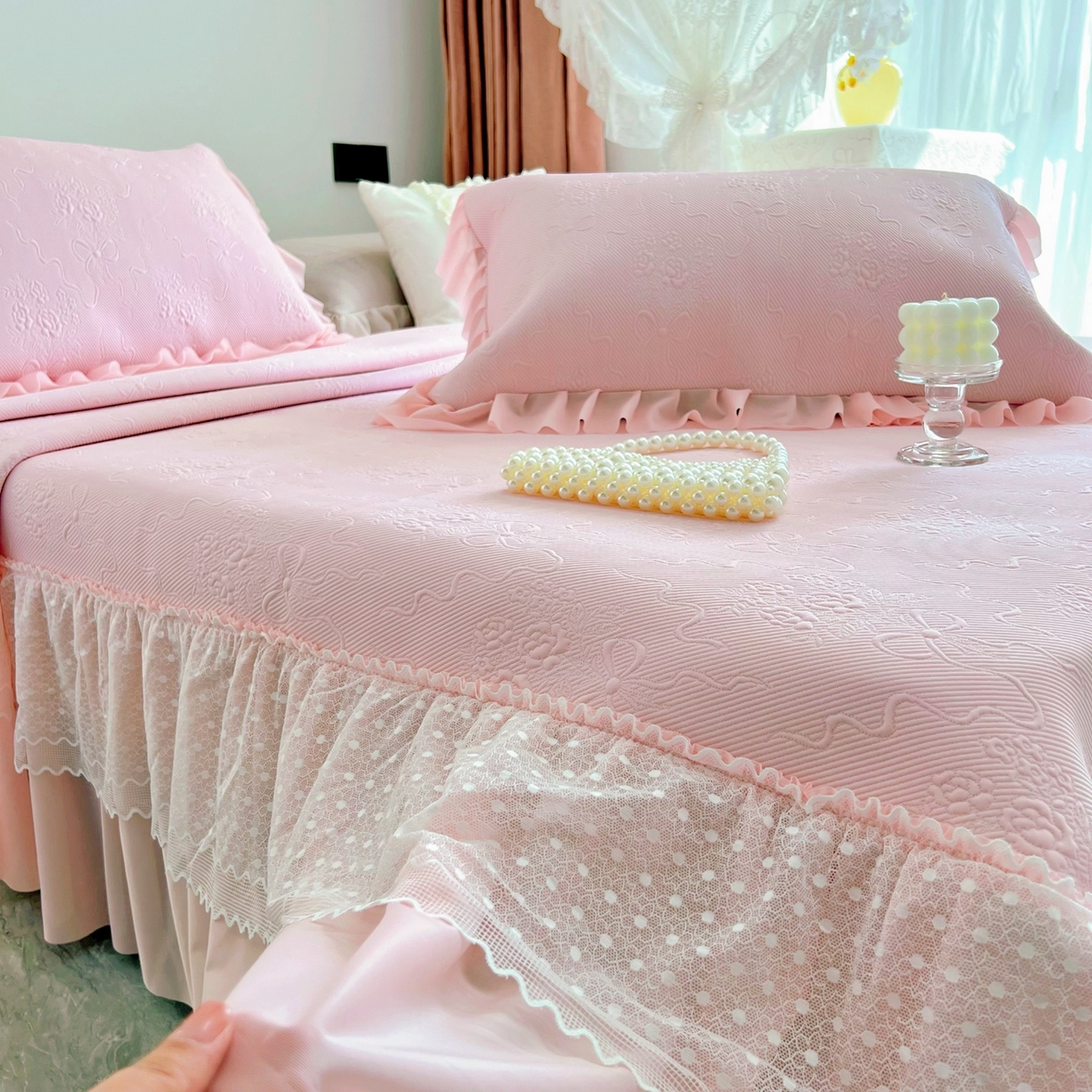 91家纺网 家纺一手货源 找家纺 （总）恋尚羽 2026新款高分子PE凉泡泡大床裙凉感席波浪冰豆豆凉席席子三件套-蝴蝶结系列手捧花