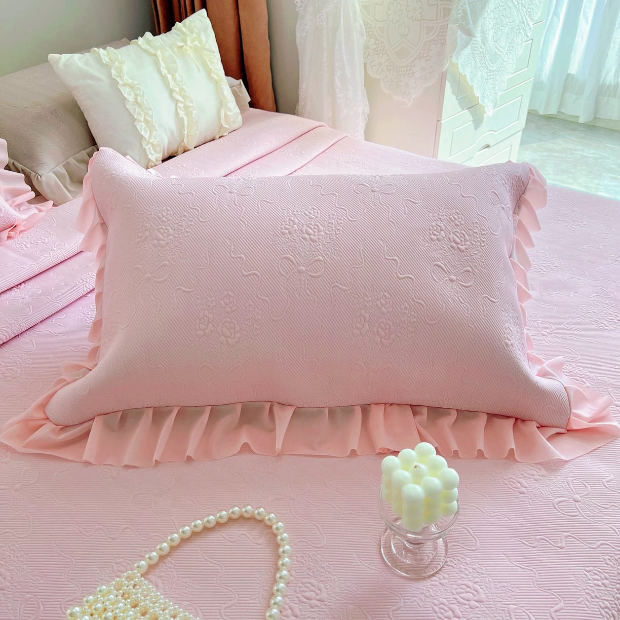 91家纺网 家纺一手货源 找家纺 （总）恋尚羽 2026新款高分子PE凉泡泡大床裙凉感席波浪冰豆豆凉席席子三件套-蝴蝶结系列手捧花