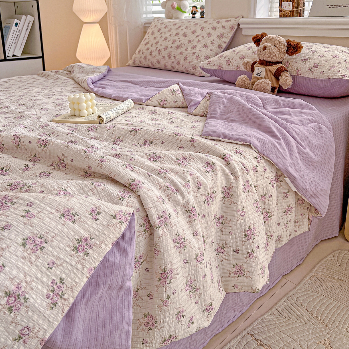 91家纺网 家纺一手货源 找家纺 王朝国际 2026新款A类彩竺棉印花夏被四件套 莫奈紫