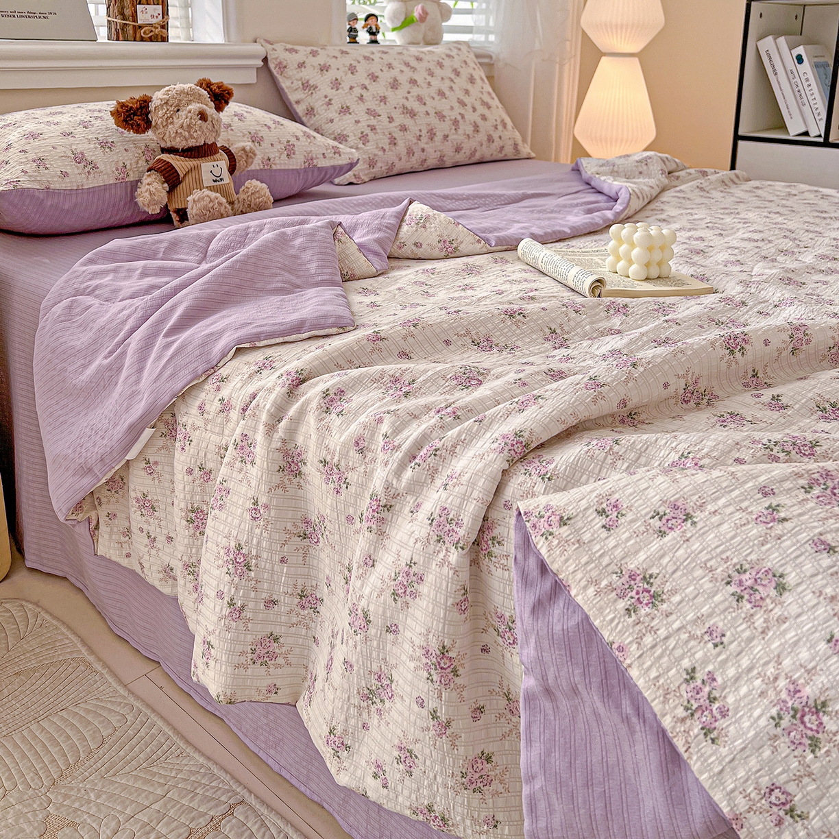 91家纺网 家纺一手货源 找家纺 王朝国际 2026新款A类彩竺棉印花夏被四件套 莫奈紫